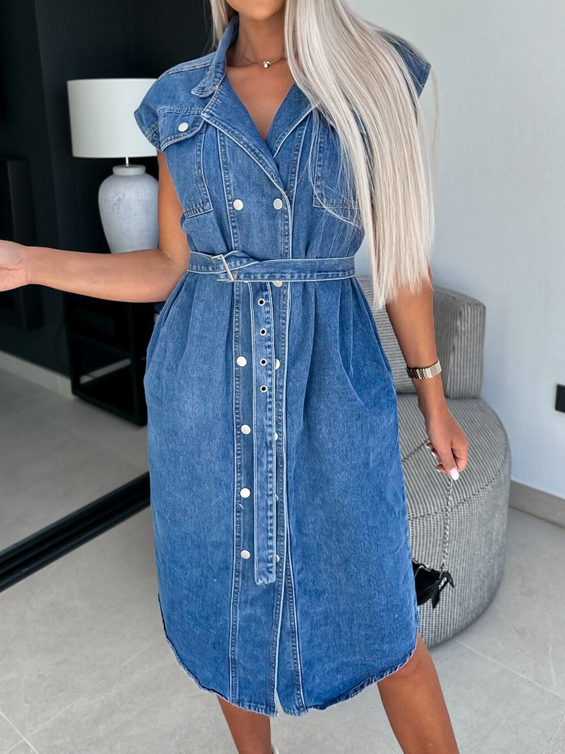 Zephariel Collared Neck Cap Sleeve Denim Dress