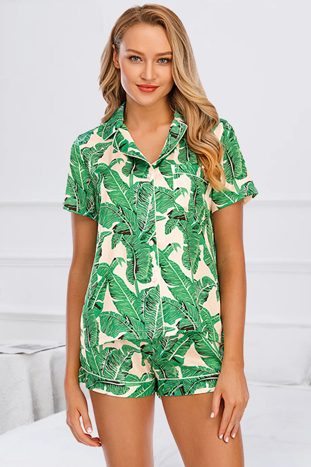 Zephariel Printed Button Up Short Sleeve Top and Shorts Lounge Set