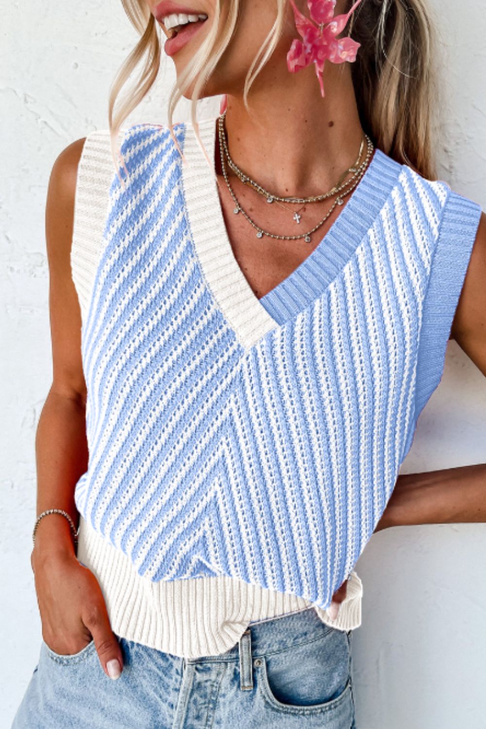 Zephariel Striped Contrast V-Neck Sweater Vest