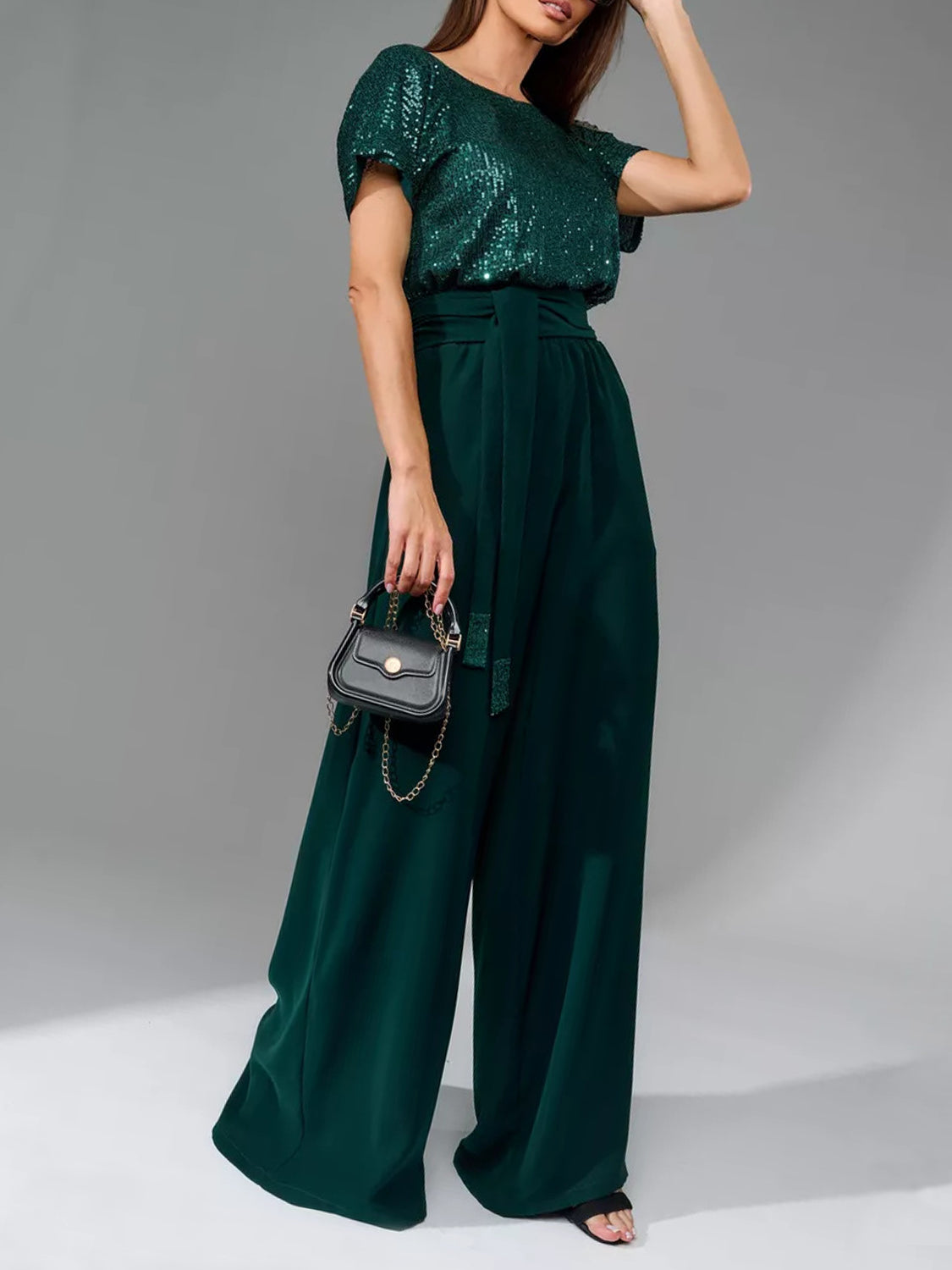 Zephariel Sequin Round Neck Short Sleeve Wide Leg Jumpsuit