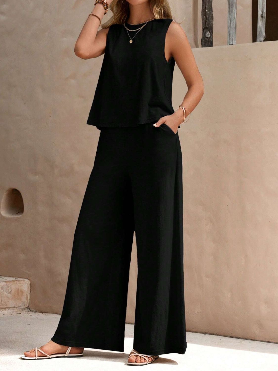 Zephariel Round Neck Sleeveless Top and Wide Leg Pants Set