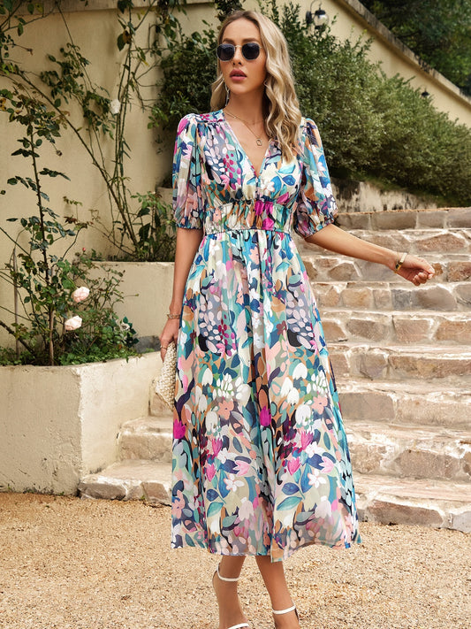 Zephariel Smocked Printed V-Neck Half Sleeve Midi Dress