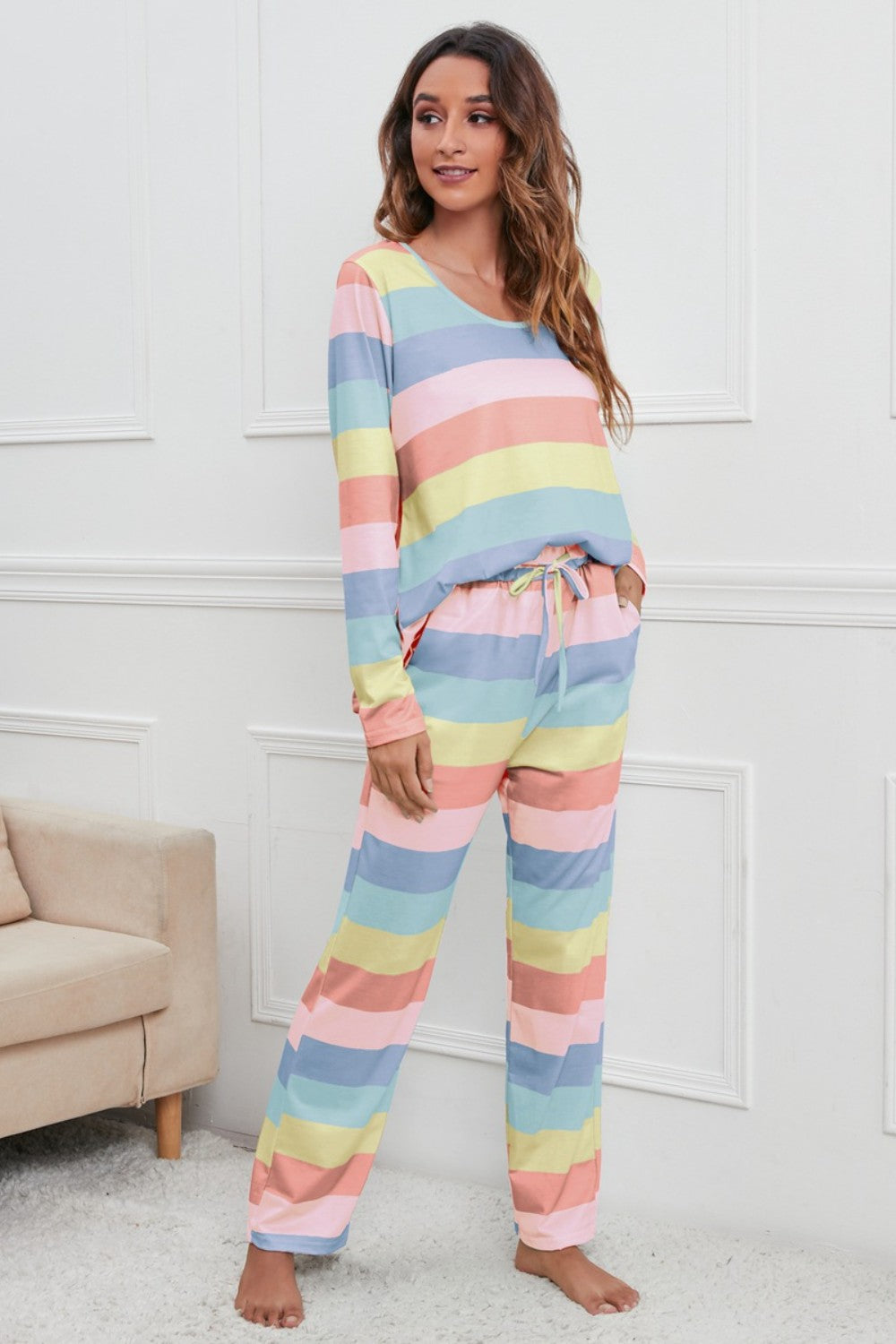 Zephariel Striped Round Neck Long Sleeve Top and Drawstring Pants Lounge Set