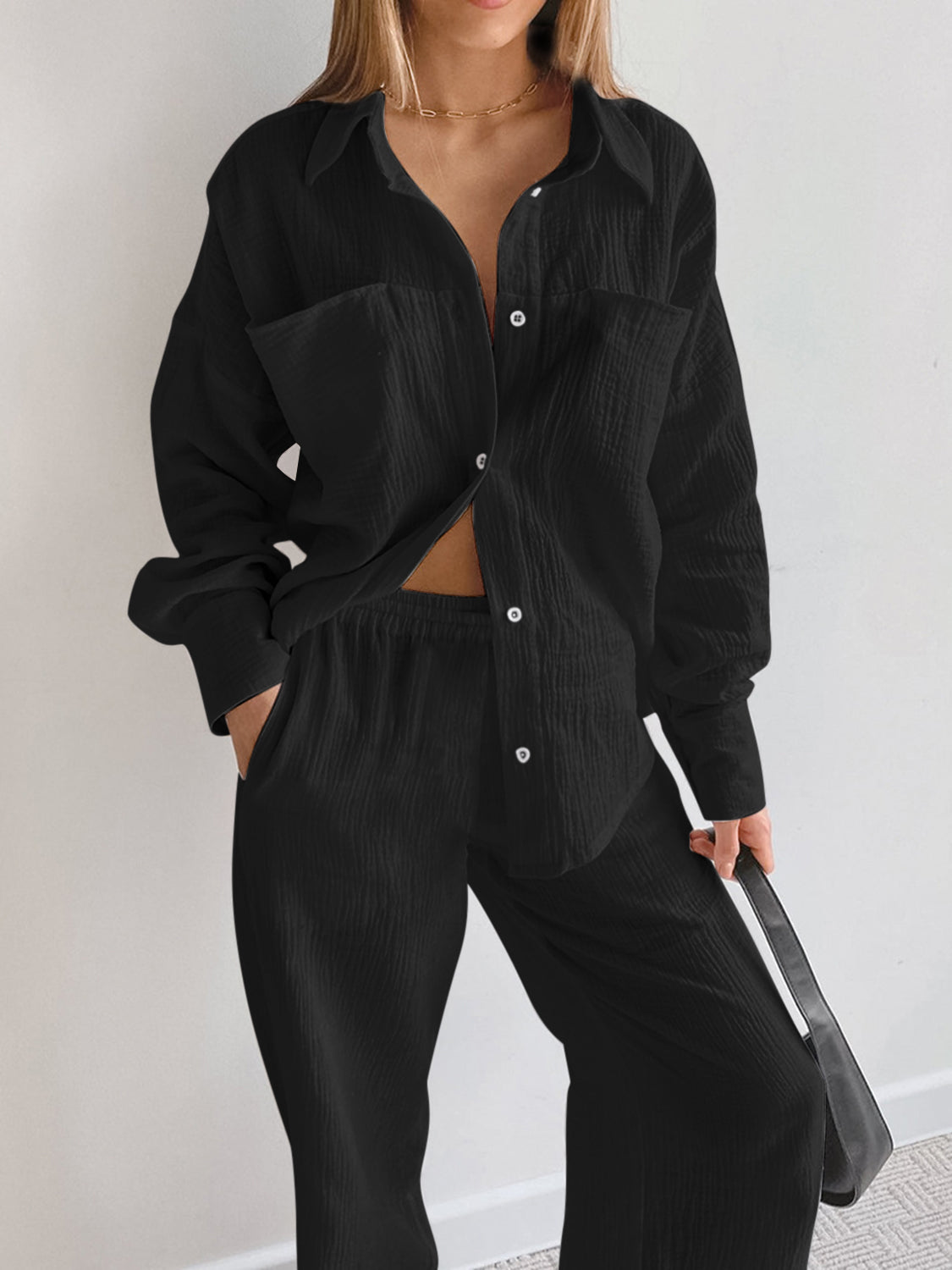 Zephariel Texture Button Up Long Sleeve Shirt and Pants Set