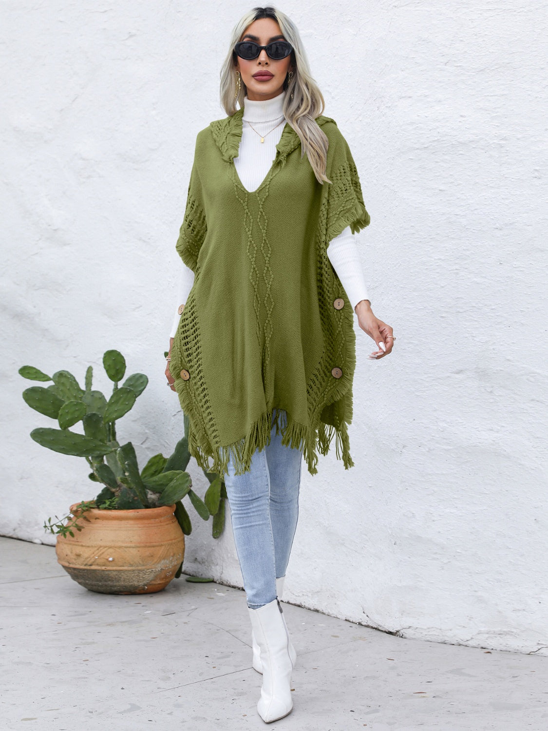 Zephariel Fringe Trim Buttoned Hooded Poncho