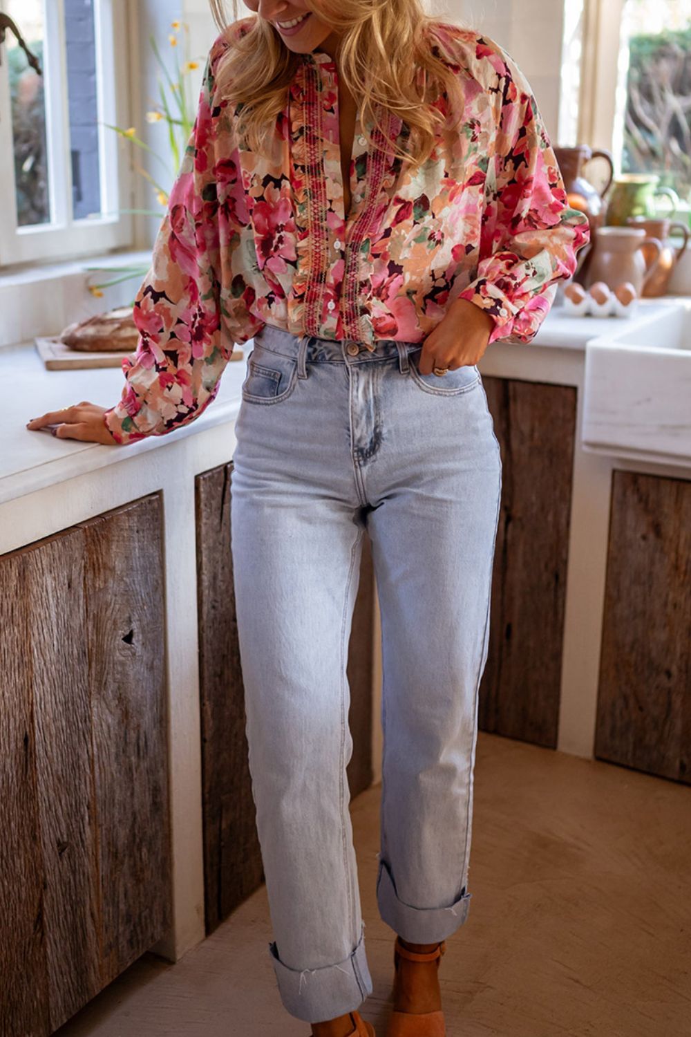 Zephariel Frill Floral Button Down Long Sleeve Shirt