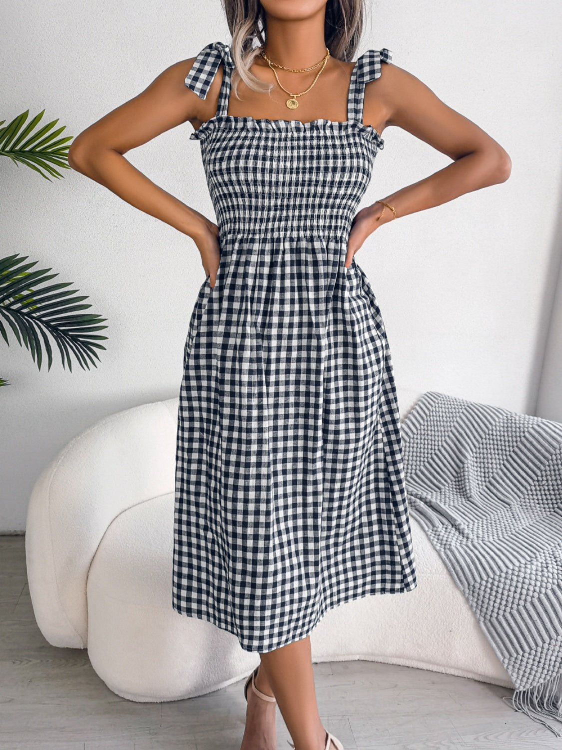 Zephariel Frill Plaid Square Neck Midi Dress