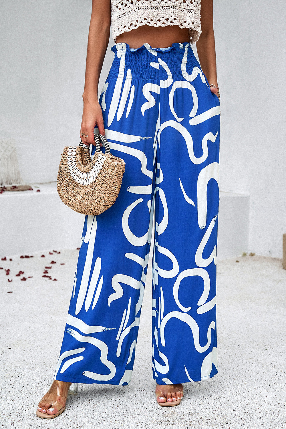 Zephariel Smocked Printed Wide Leg Pants with Pockets