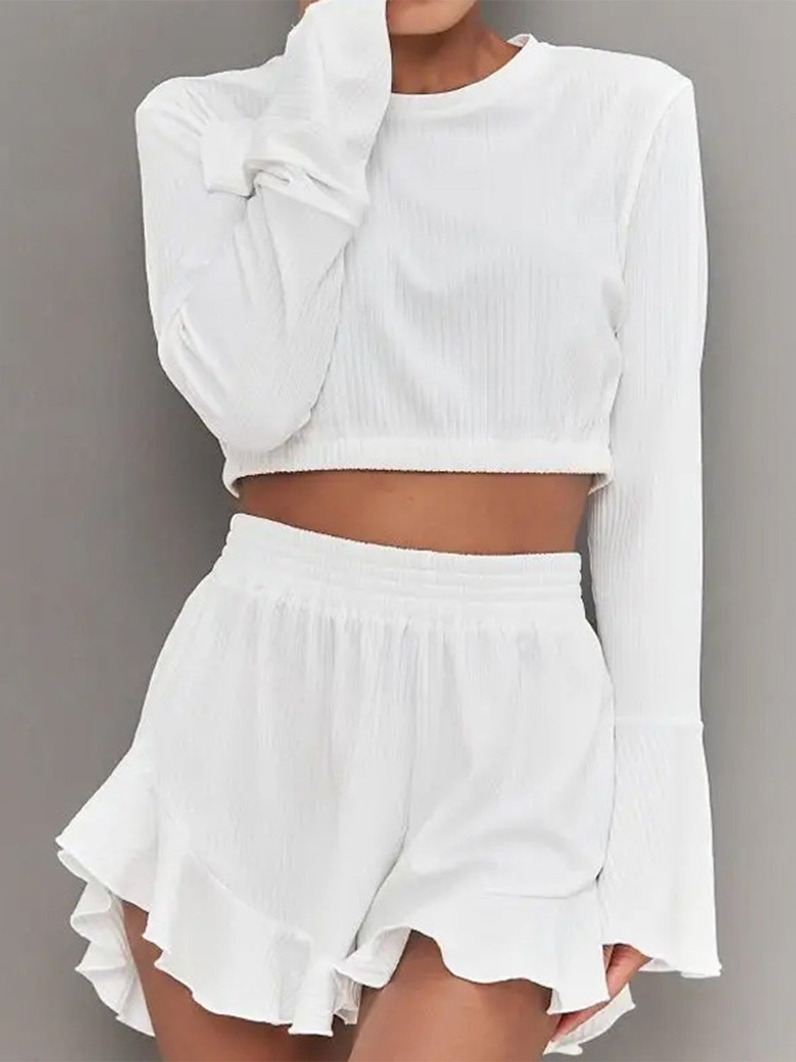 Zephariel Round Neck Long Sleeve Top and Ruffled Shorts Set