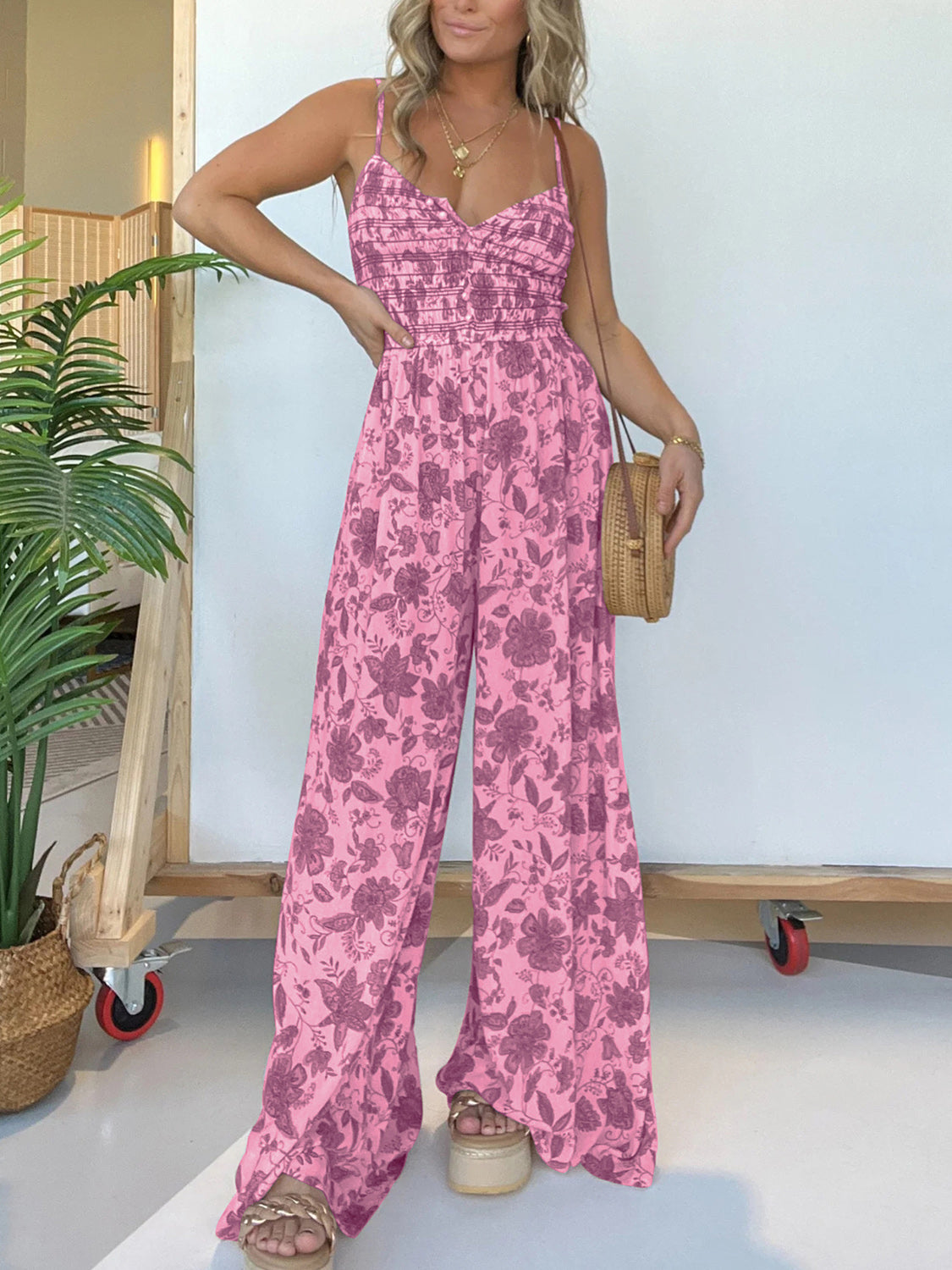 Zephariel Printed Spaghetti Strap Wide Leg Jumpsuit