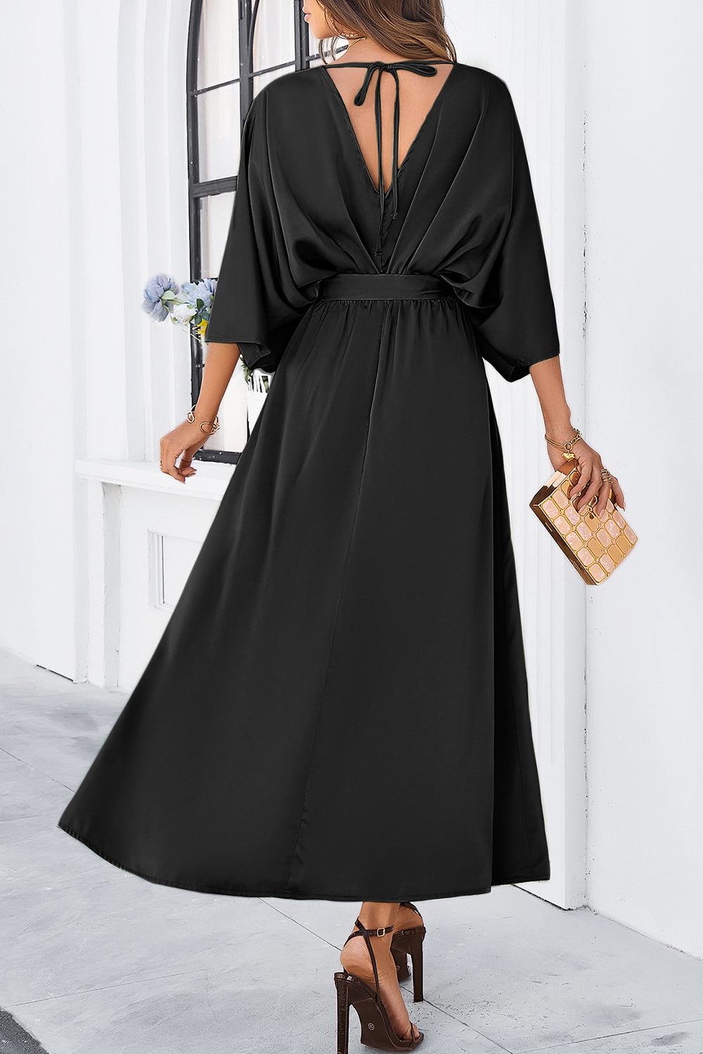 Zephariel Slit Tied V-Neck Three-Quarter Sleeve Dress