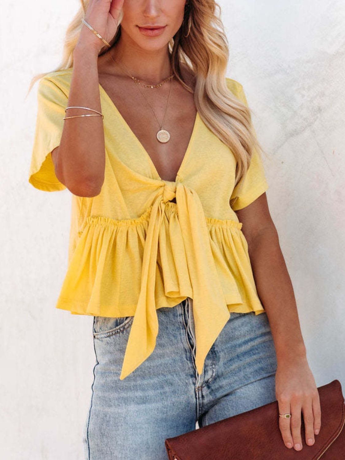 Zephariel Tied Plunge Short Sleeve Blouse