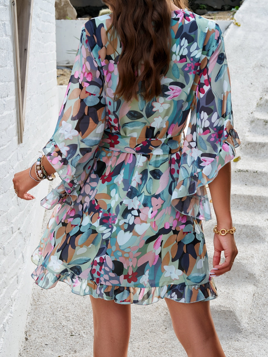 Zephariel Ruffled Printed Surplice Half Sleeve Mini Dress