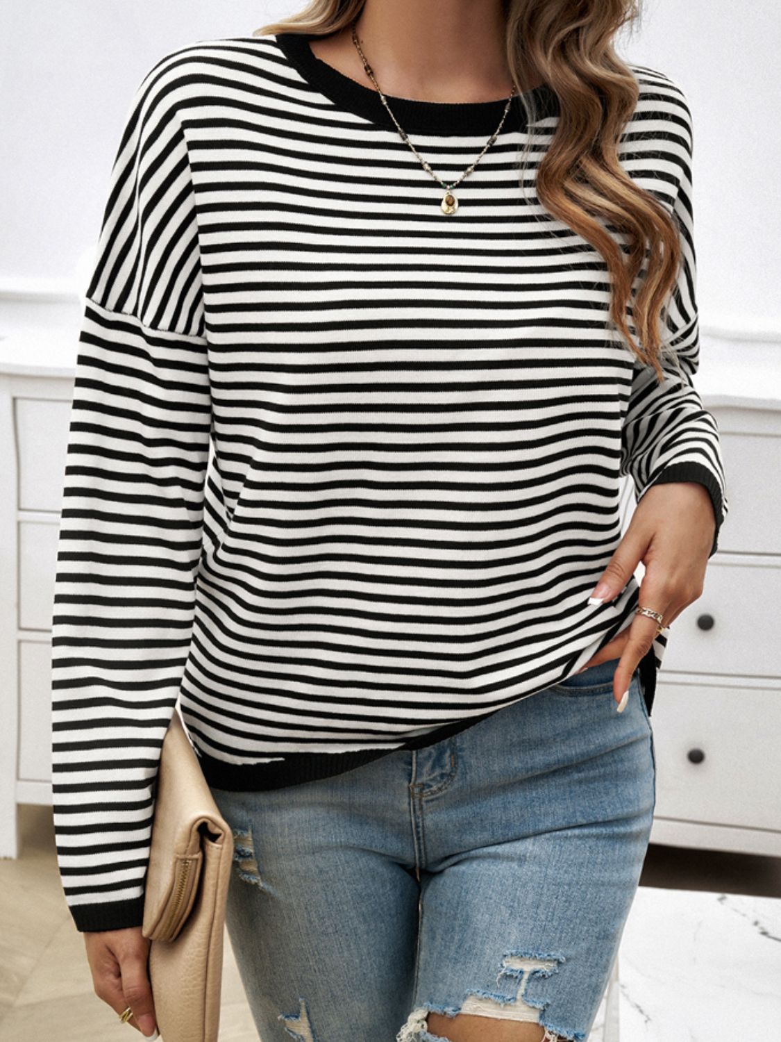 Zephariel Striped Round Neck Dropped Shoulder Sweater