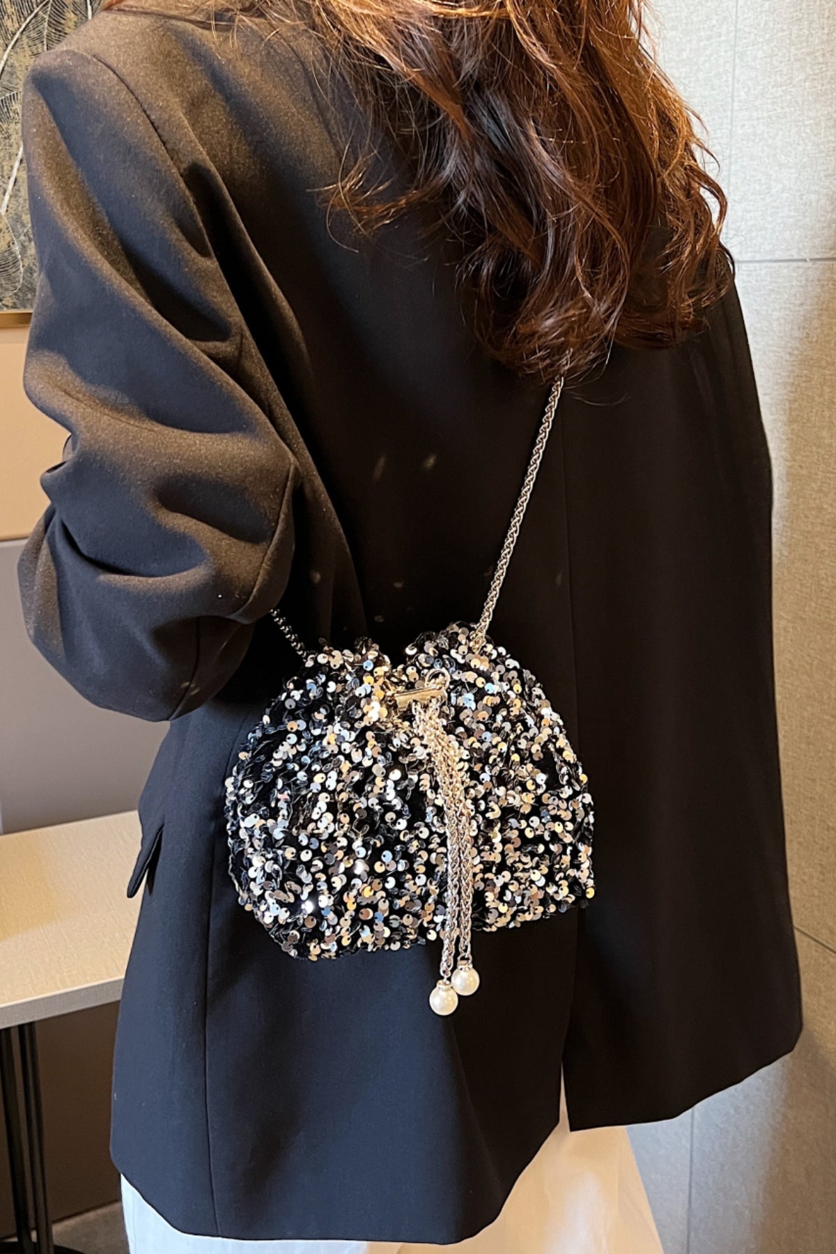 Zephariel Sequin Chain Drawstring Bucket Bag