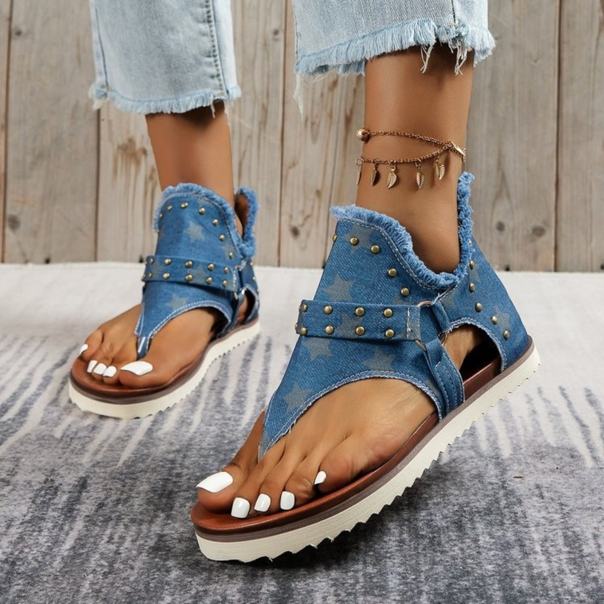 Zephariel Studded Raw Hem Flat Sandals