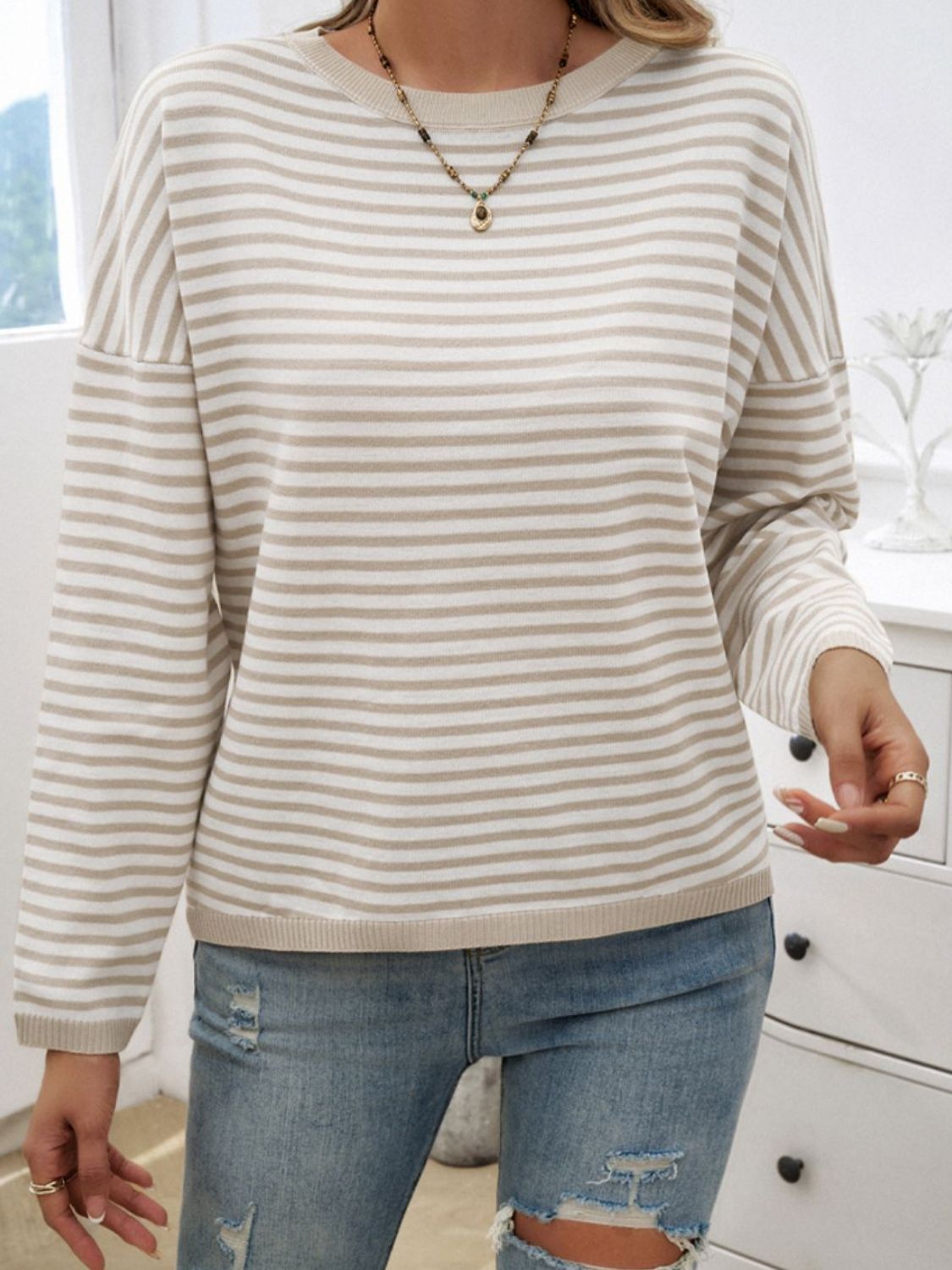 Zephariel Striped Round Neck Dropped Shoulder Sweater