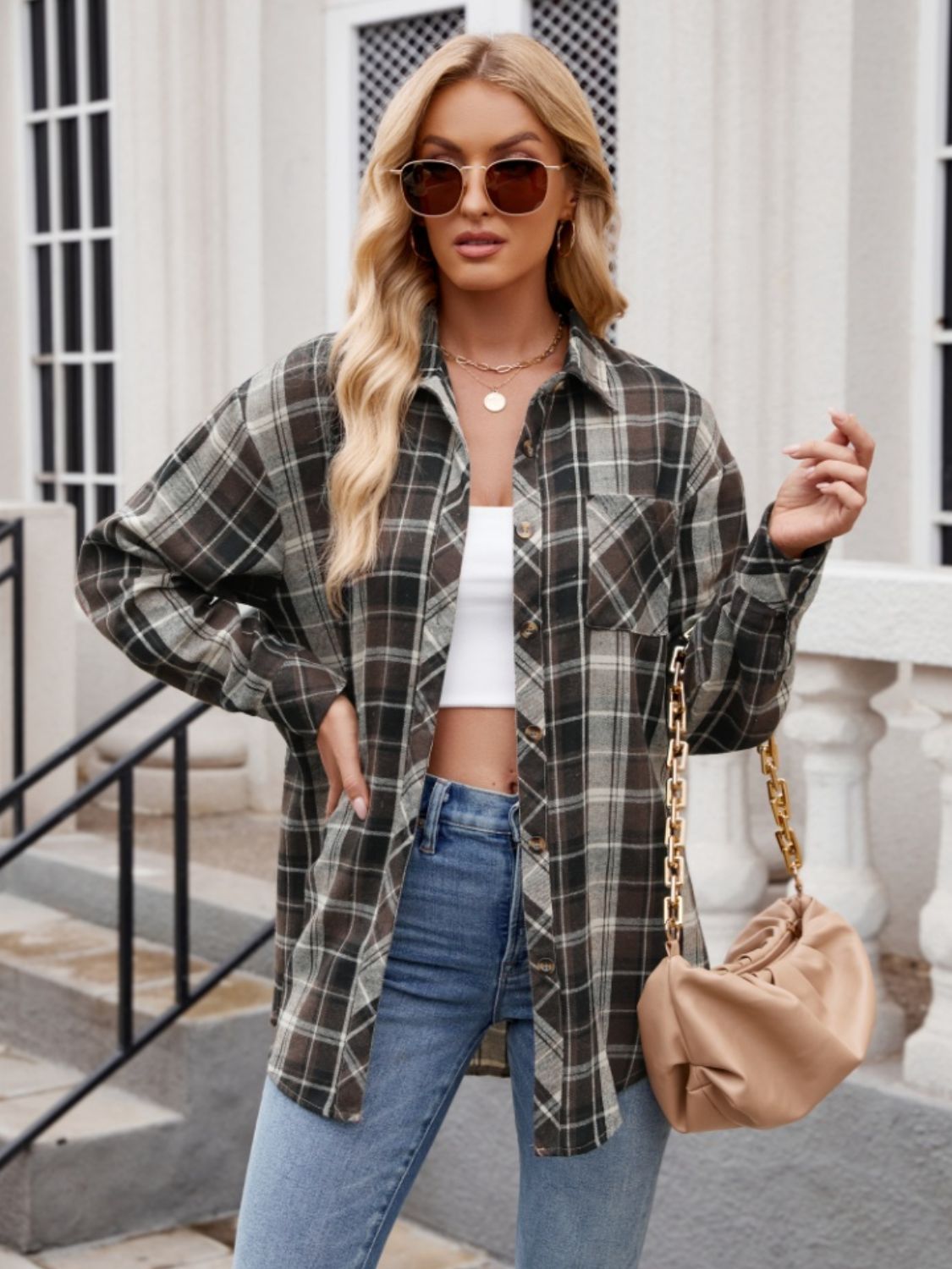 Zephariel Mandy Pocketed Plaid Collared Neck Long Sleeve Shirt