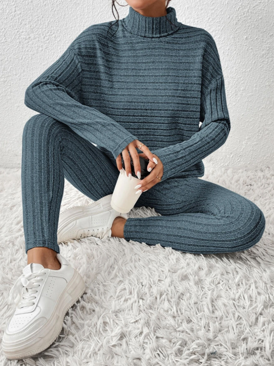 Zephariel Ribbed Turtleneck Top and Pants Set