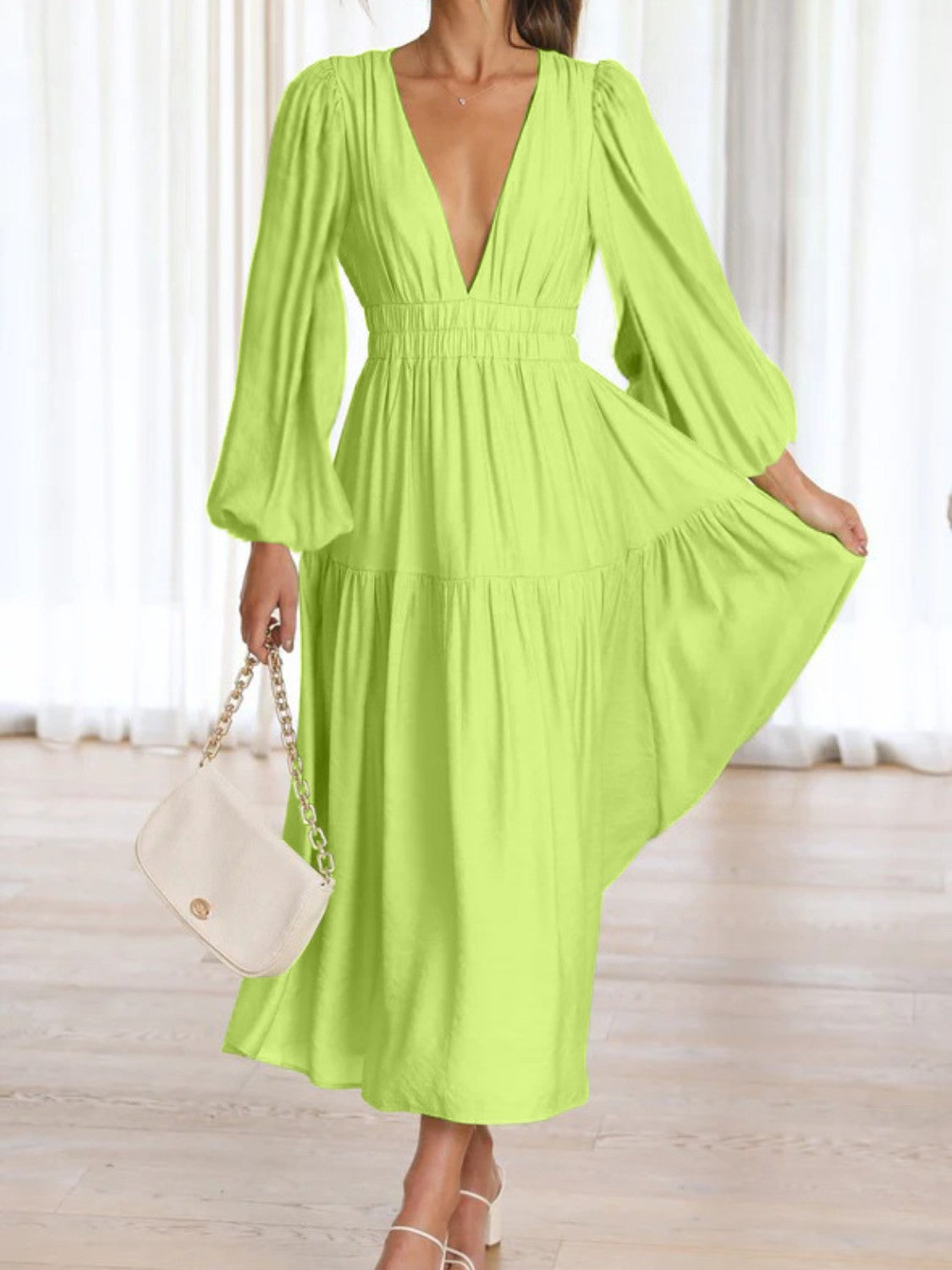 Zephariel Deep V-Neck Balloon Sleeve Plain Maxi Dress