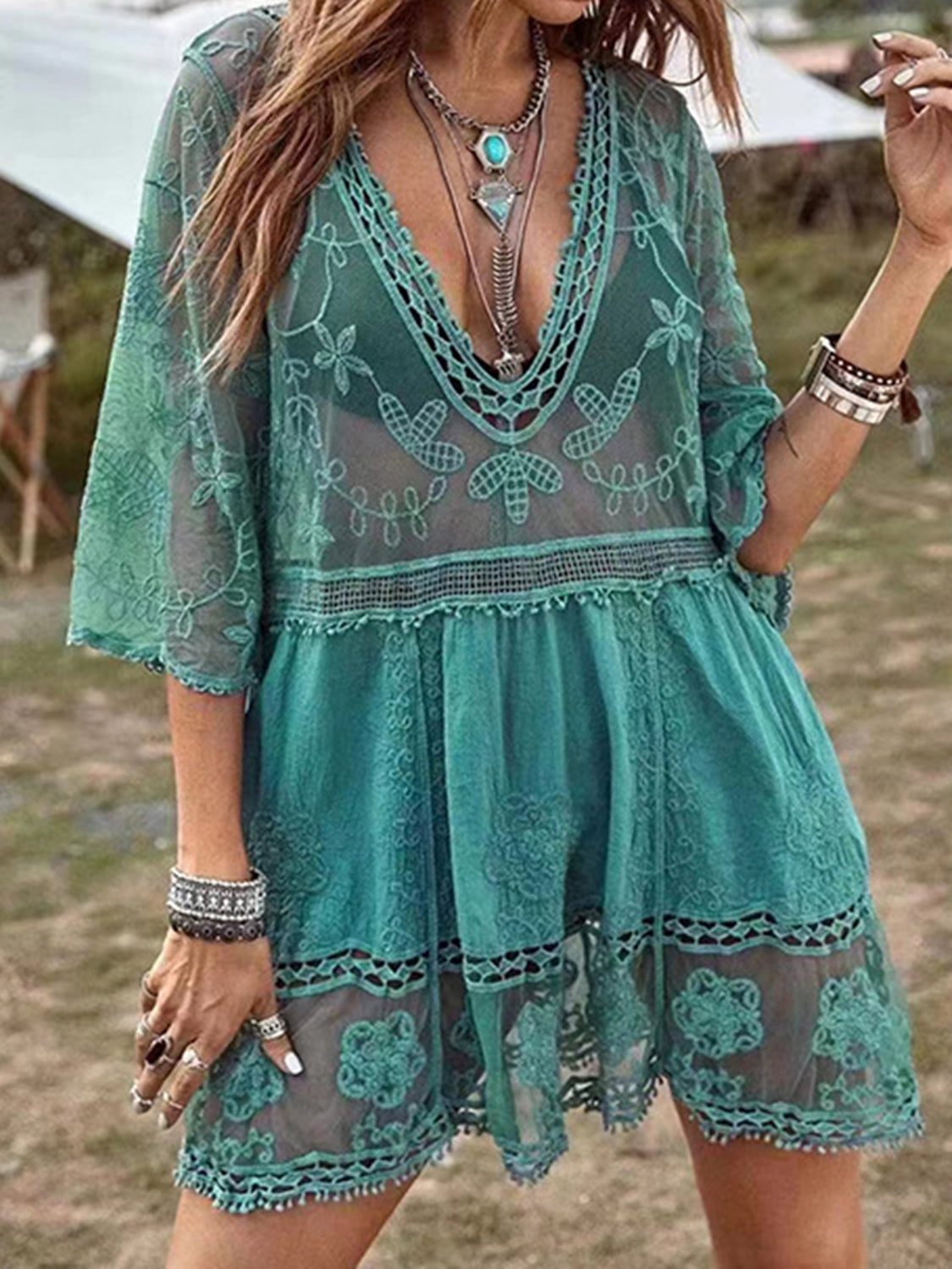 Zephariel Lace Detail Plunge Cover-Up Dress