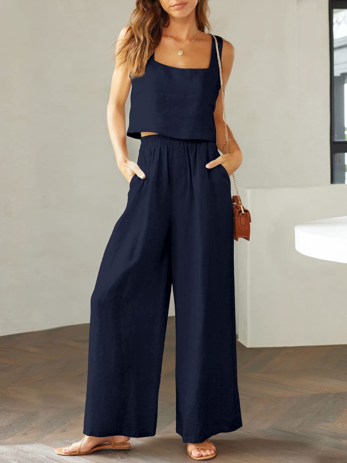 Zephariel Square Neck Top and Wide Leg Pants Set