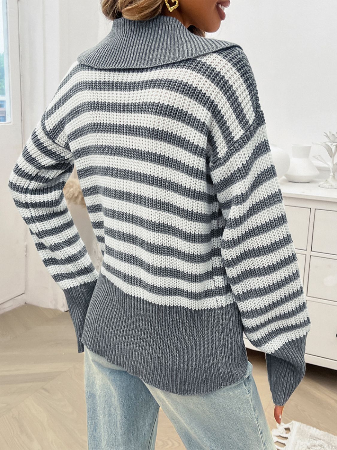 Zephariel Striped Collared Neck Long Sleeve Sweater