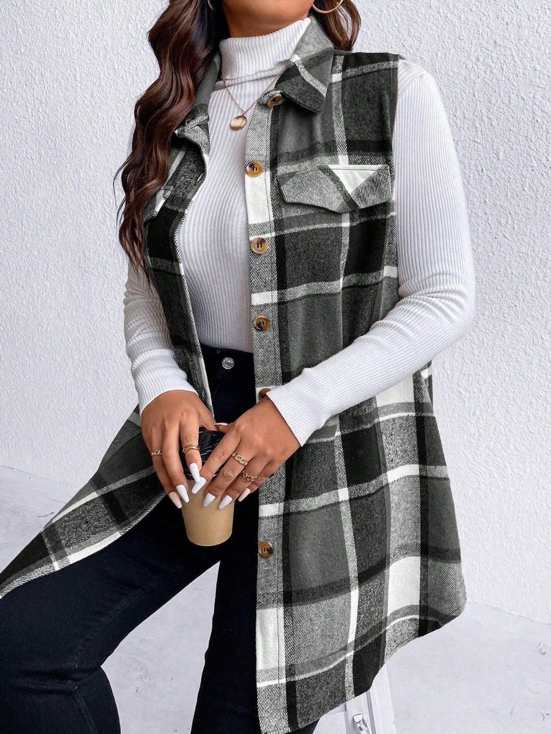 Zephariel Plus Size Pocketed Plaid Button Up Vest Coat