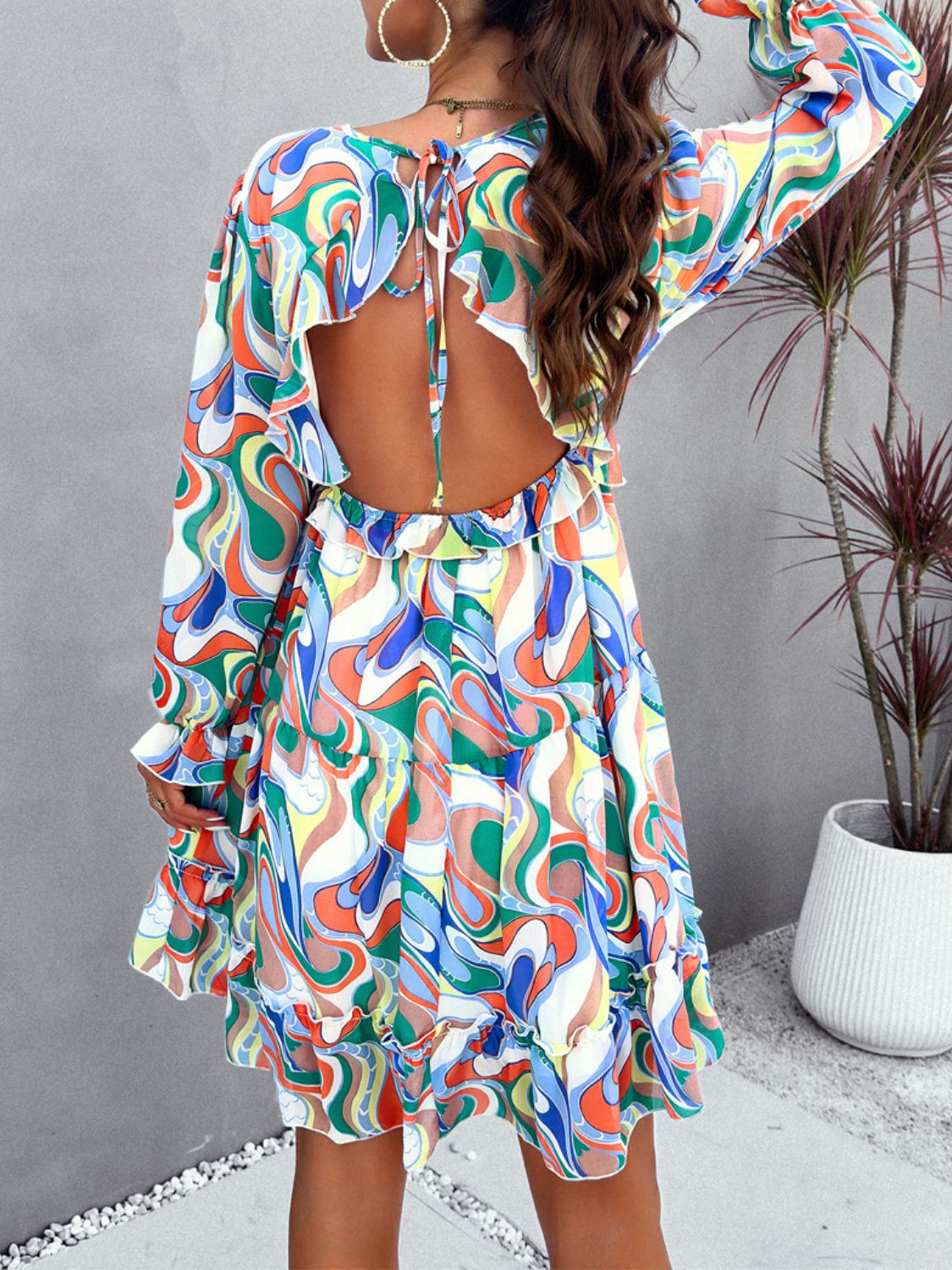 Zephariel Backless Printed V-Neck Flounce Sleeve Dress