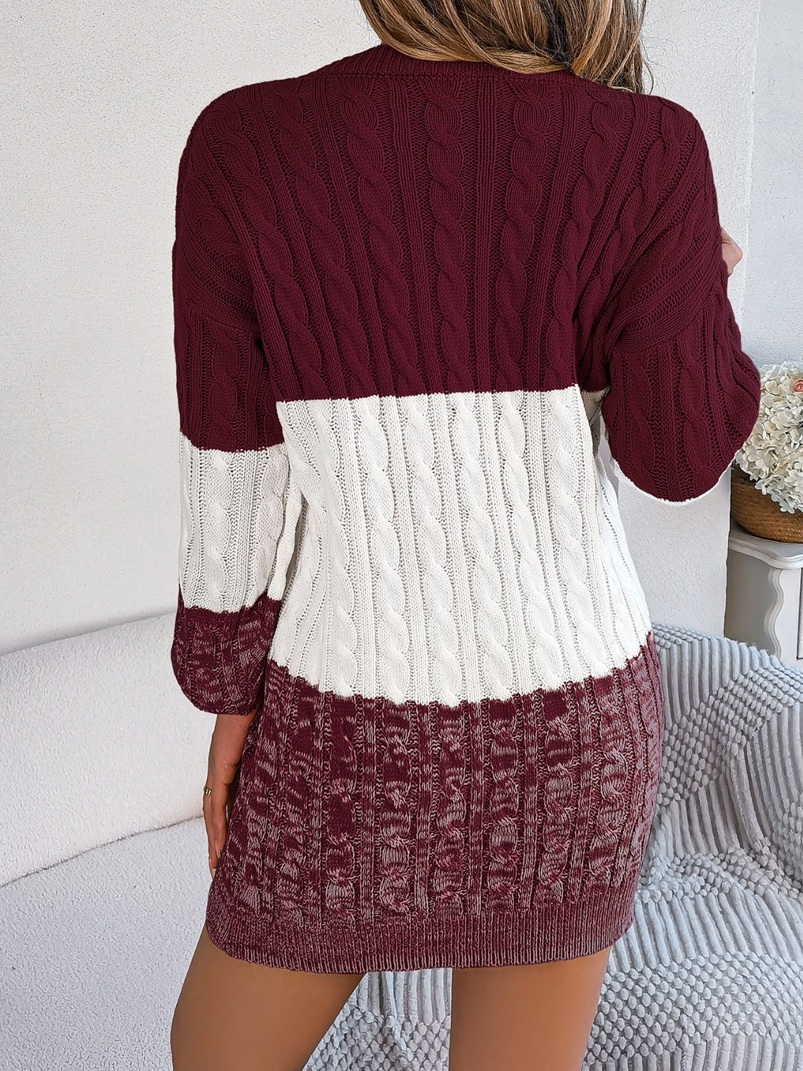 Zephariel Cable-Knit Round Neck Color Block Sweater Dress