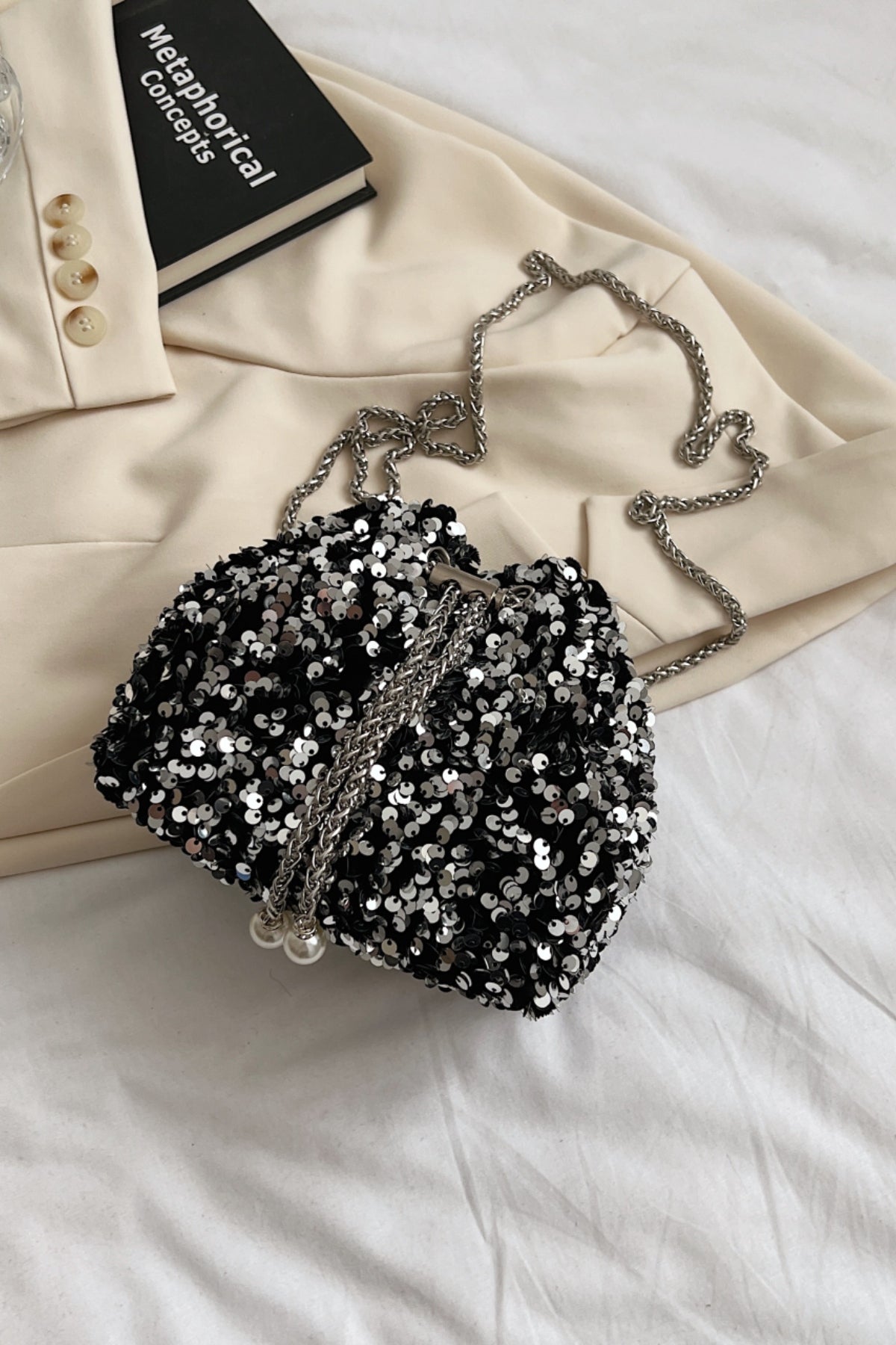 Zephariel Sequin Chain Drawstring Bucket Bag