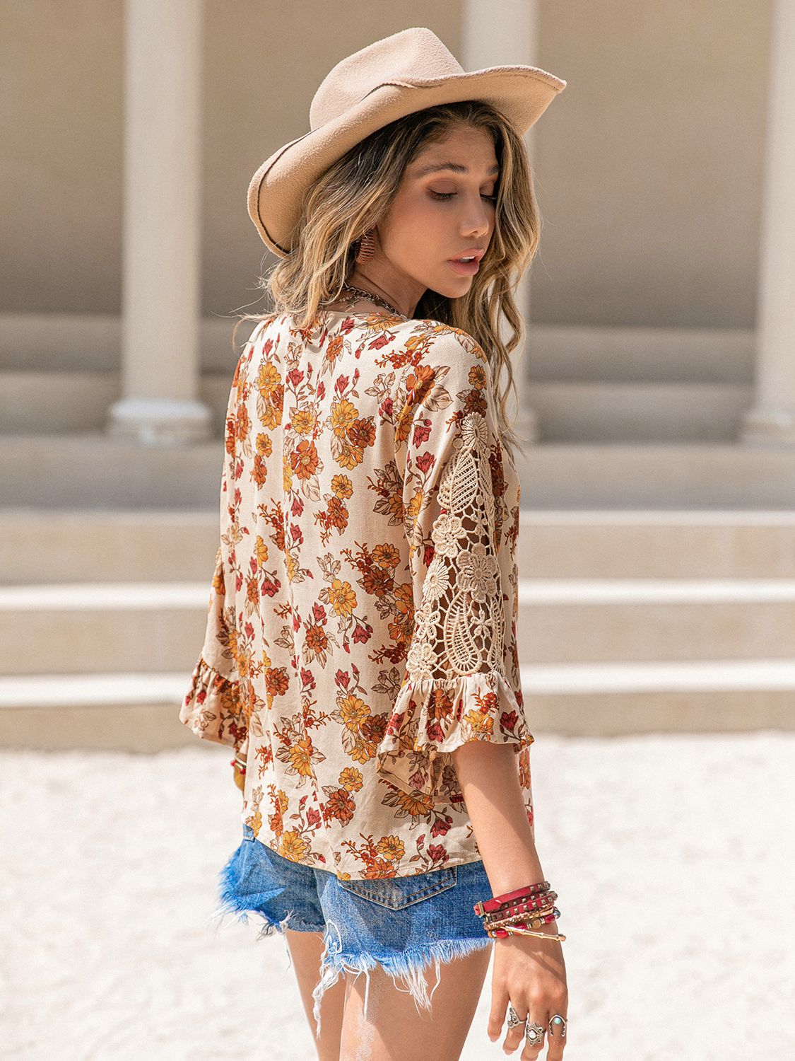 Zephariel Floral V-Neck Spliced Lace Blouse