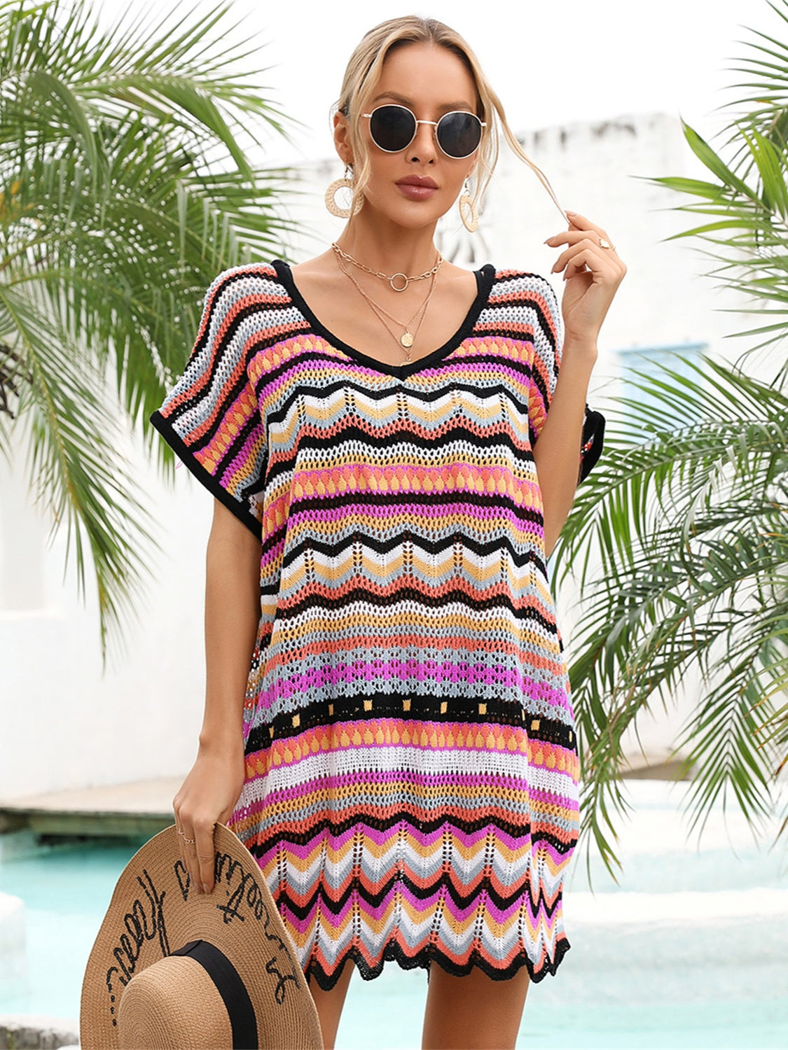 Zephariel Rainbow Stripe Scalloped V-Neck Cover-Up Dress