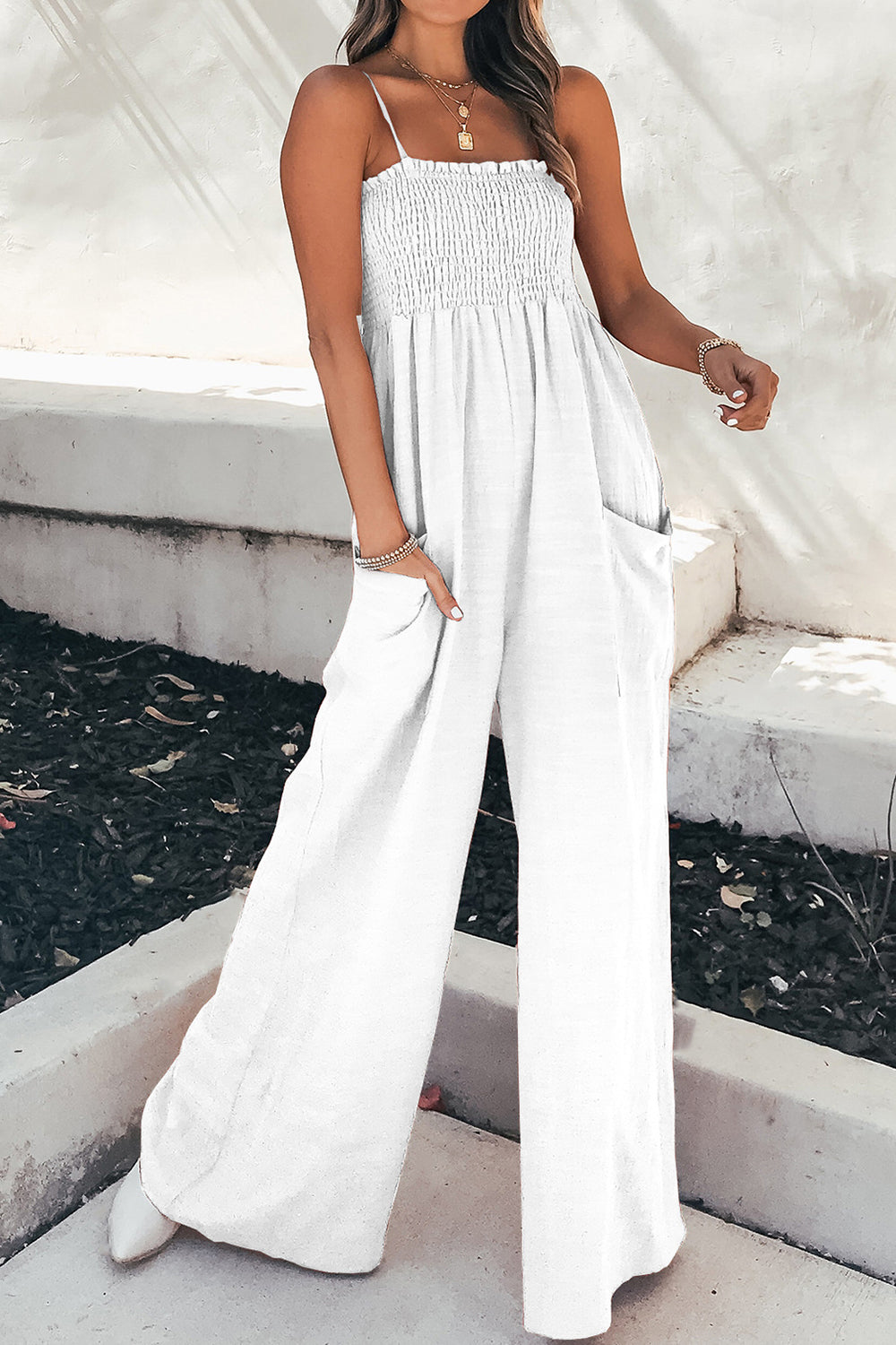 Zephariel Smocked Spaghetti Strap Wide Leg Jumpsuit