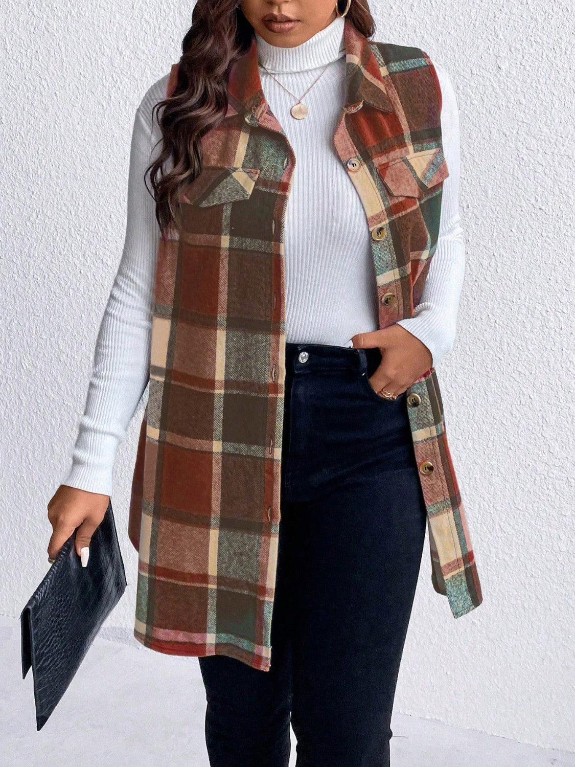 Zephariel Plus Size Pocketed Plaid Button Up Vest Coat