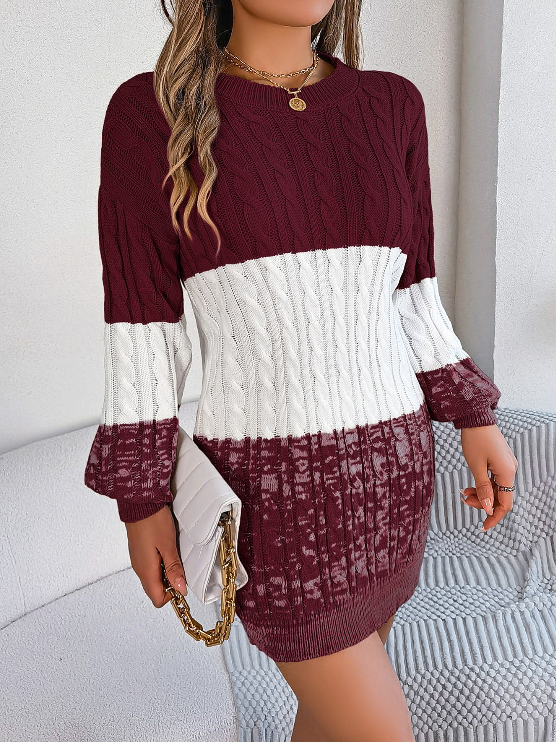 Zephariel Cable-Knit Round Neck Color Block Sweater Dress