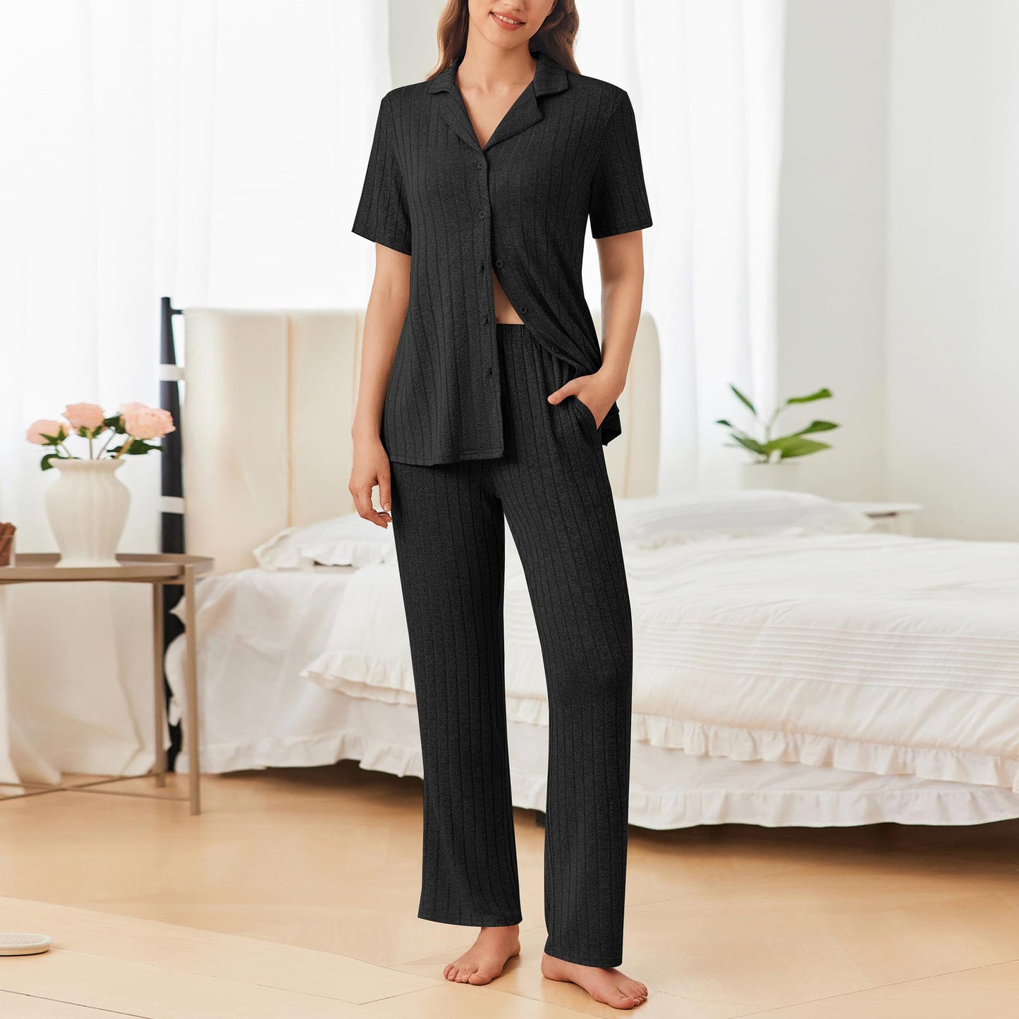 Zephariel Button Down Long Sleeve Top and Pants Lounge Set