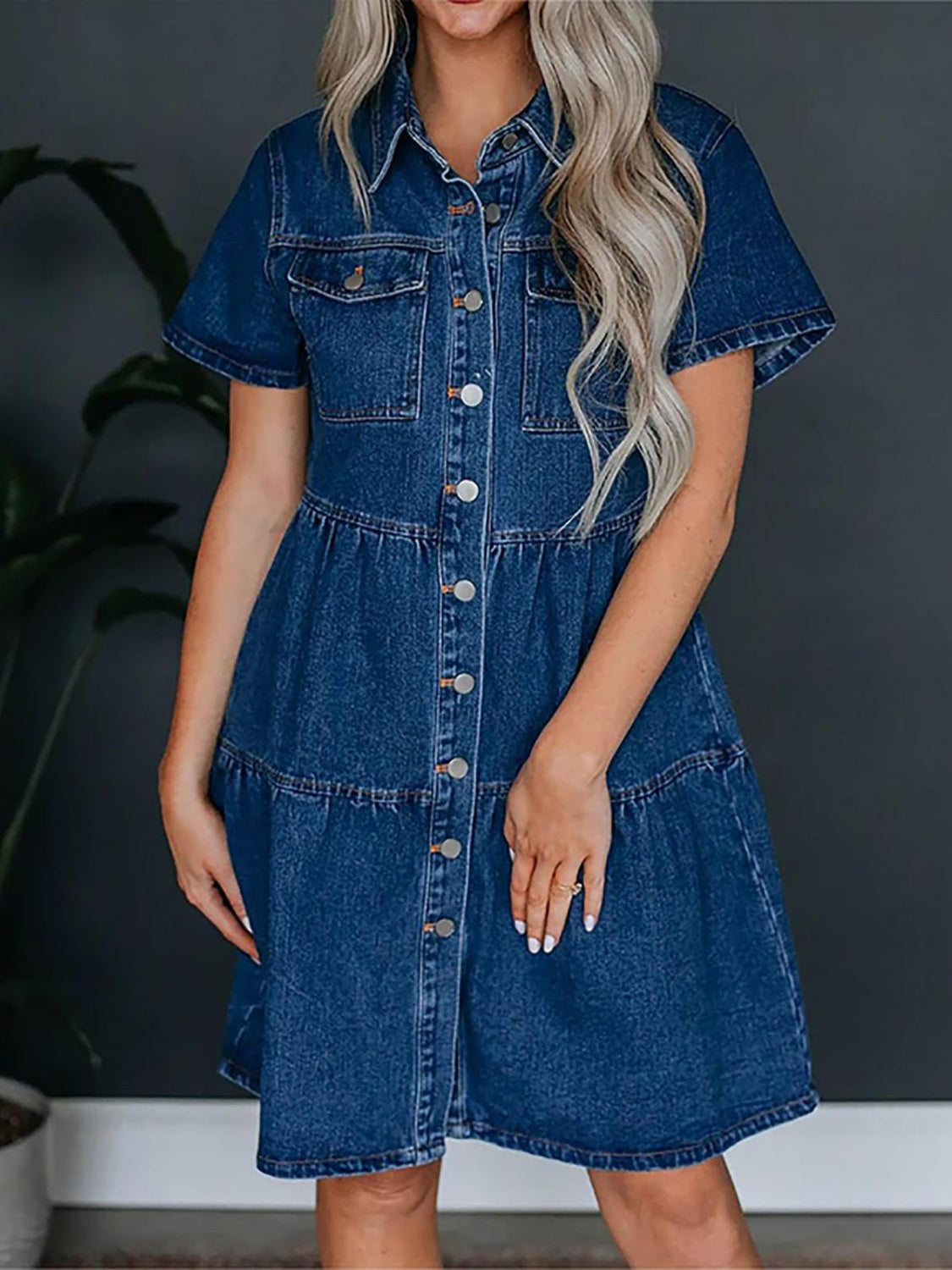 Zephariel Pocketed Button Up Collared Neck Short Sleeve Denim Dress