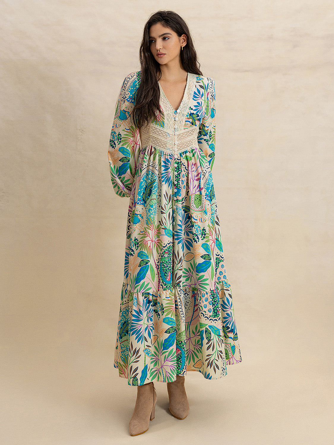 Zephariel Slit Printed V-Neck Long Sleeve Midi Dress