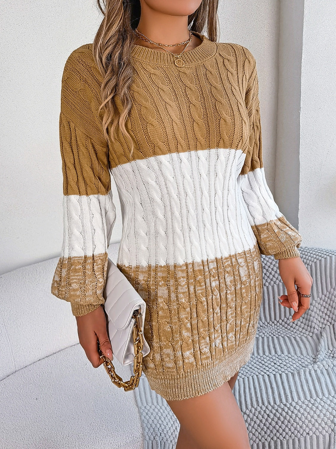 Zephariel Cable-Knit Round Neck Color Block Sweater Dress