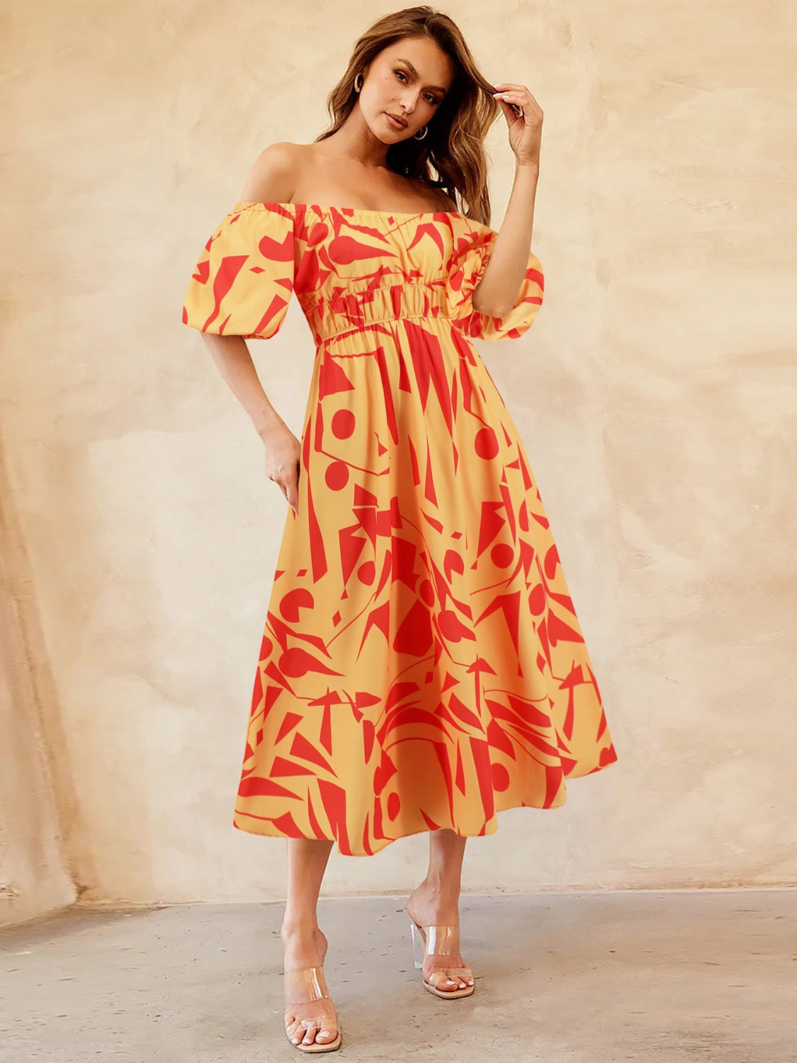 Zephariel Printed Off-Shoulder Balloon Sleeve Dress