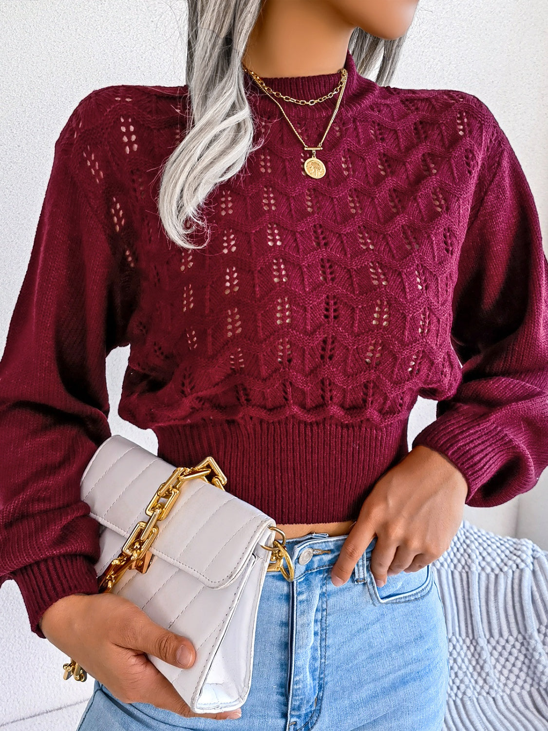 Zephariel Openwork Mock Neck Long Sleeve Cropped Sweater