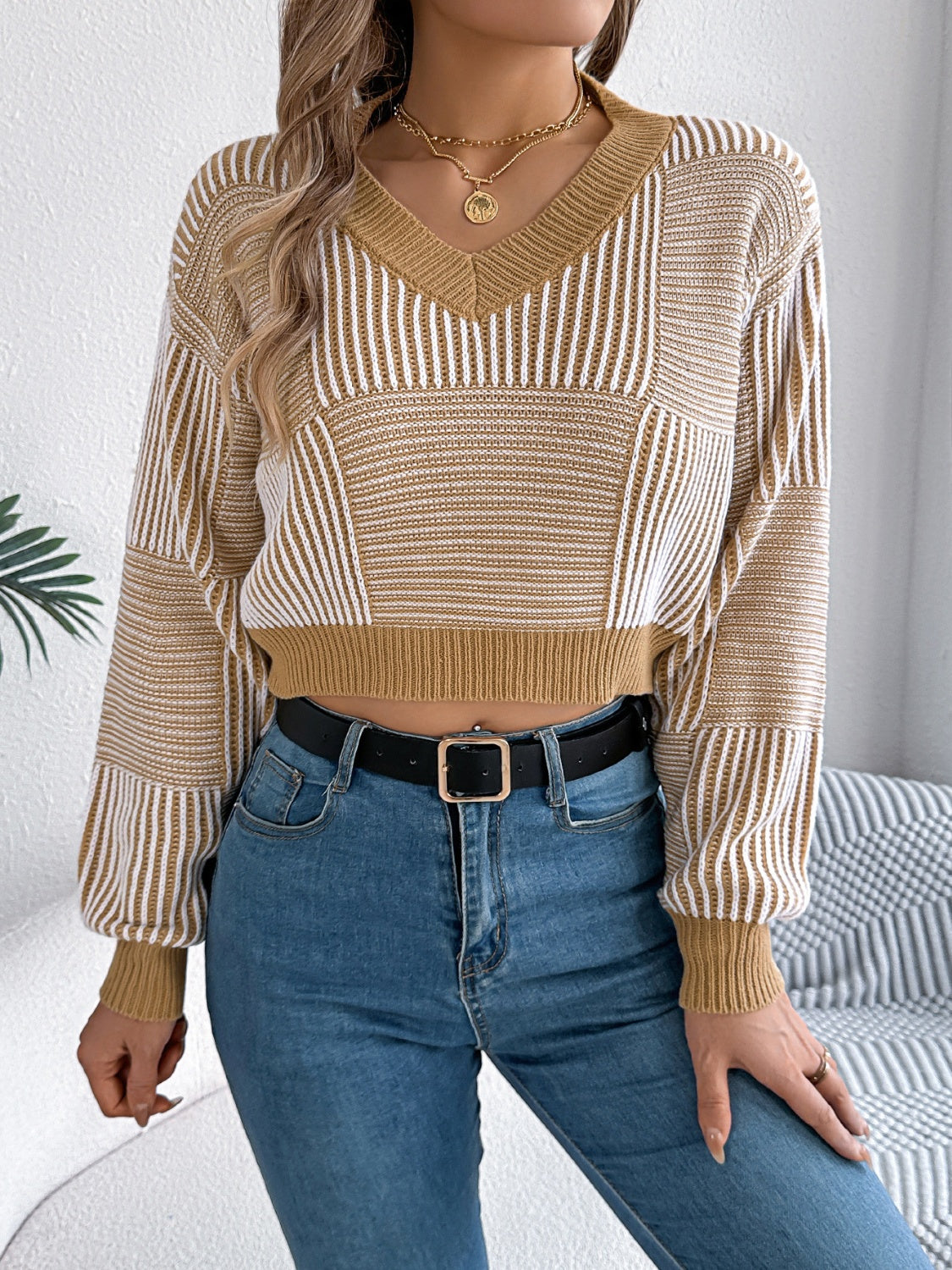 Zephariel Striped V-Neck Long Sleeve Sweater