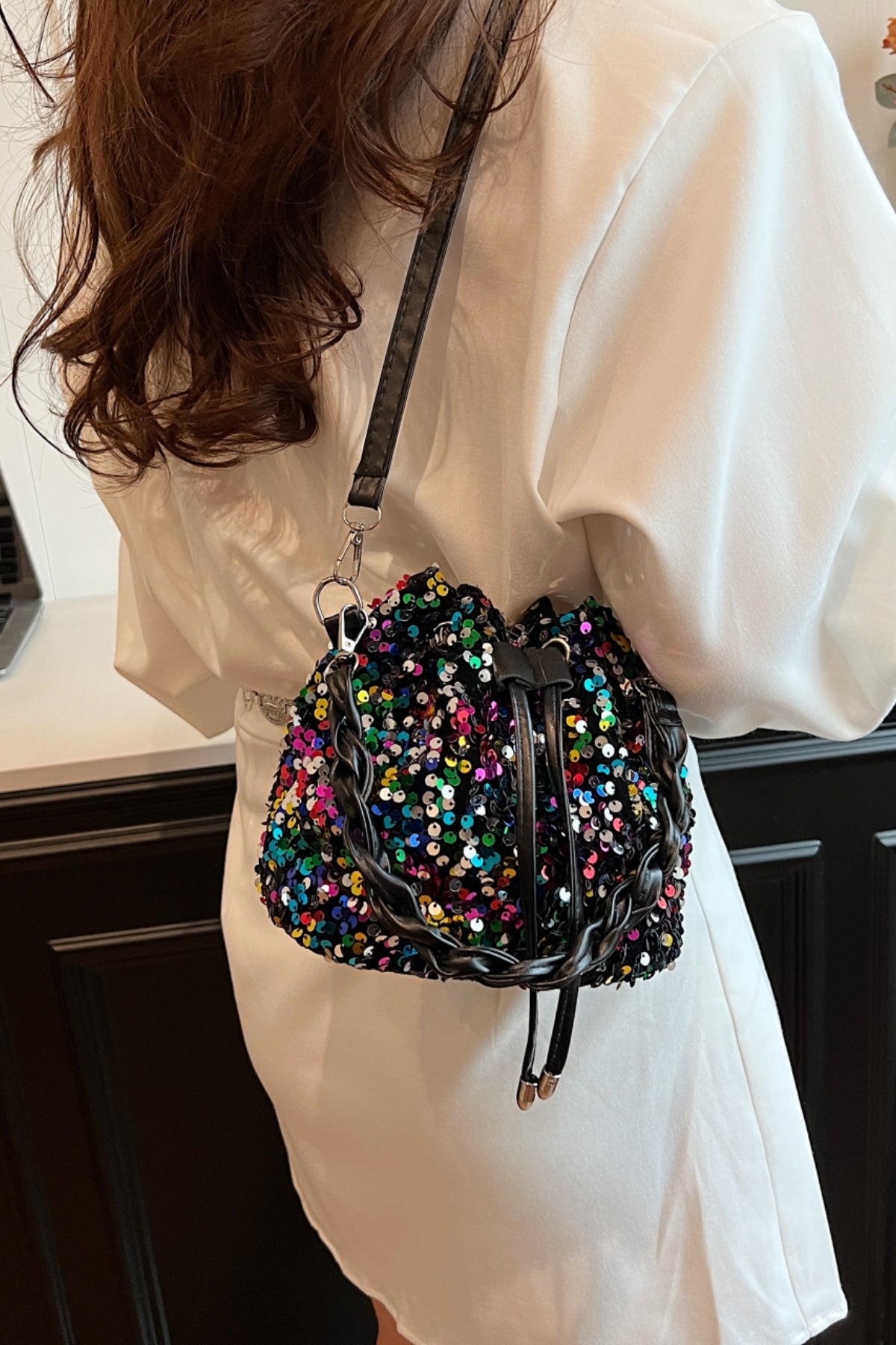 Zephariel Sequin Drawstring Bucket Bag