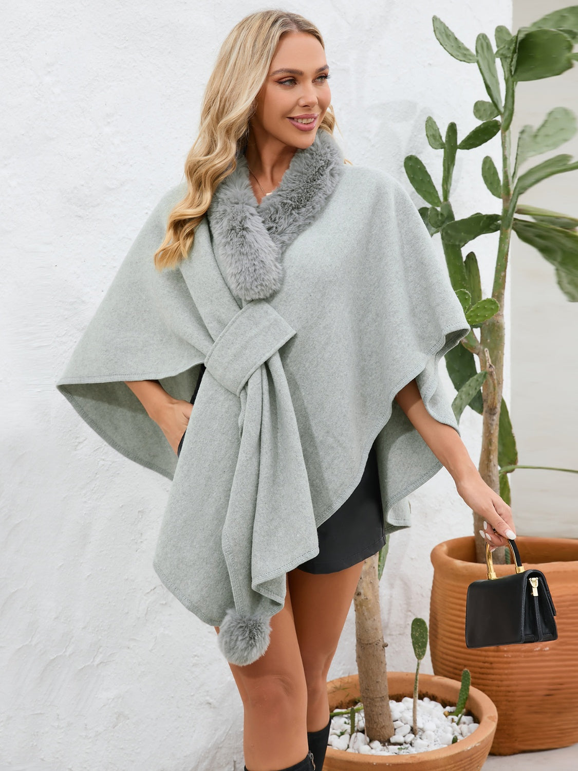 Zephariel Fuzzy Trim Open Front Poncho