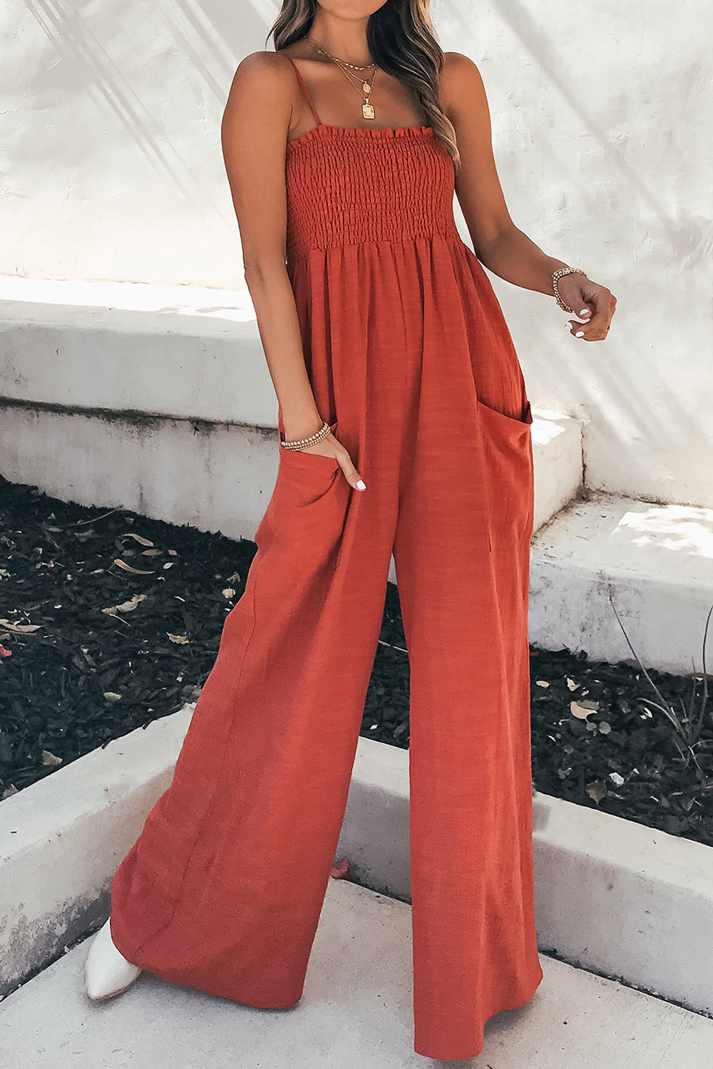 Zephariel Smocked Spaghetti Strap Wide Leg Jumpsuit