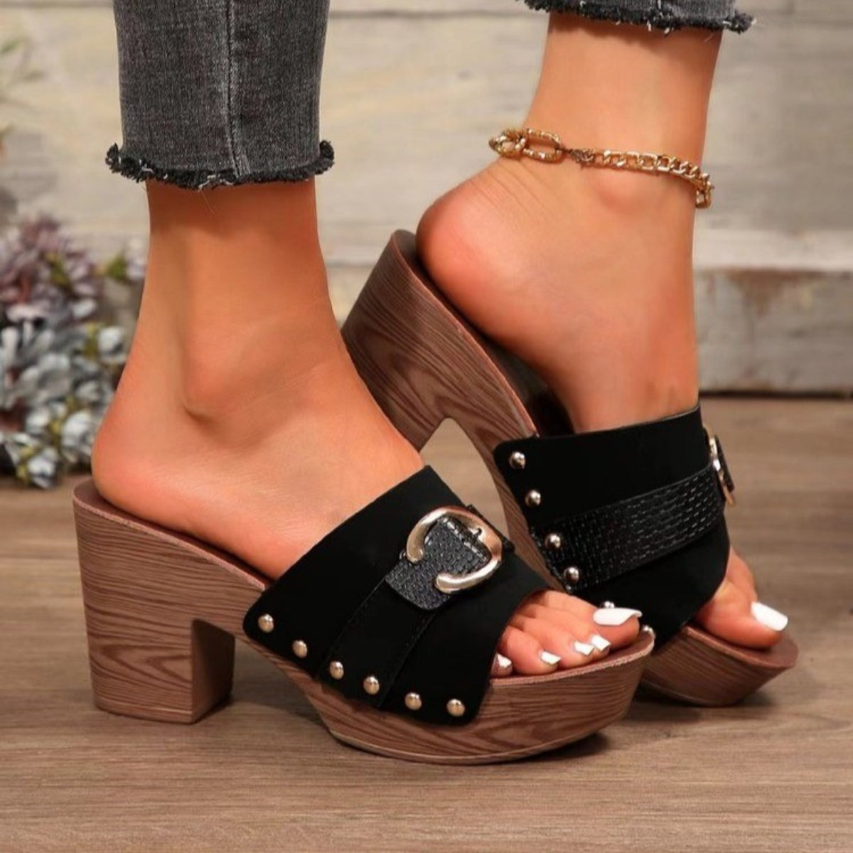 Zephariel Buckle Trim Block Heel Sandals