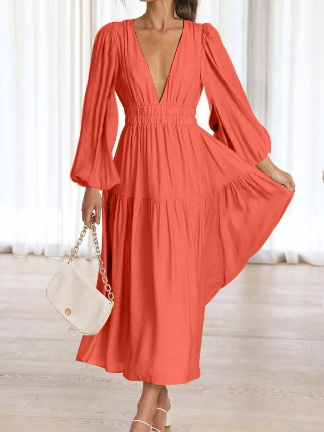 Zephariel Deep V-Neck Balloon Sleeve Plain Maxi Dress