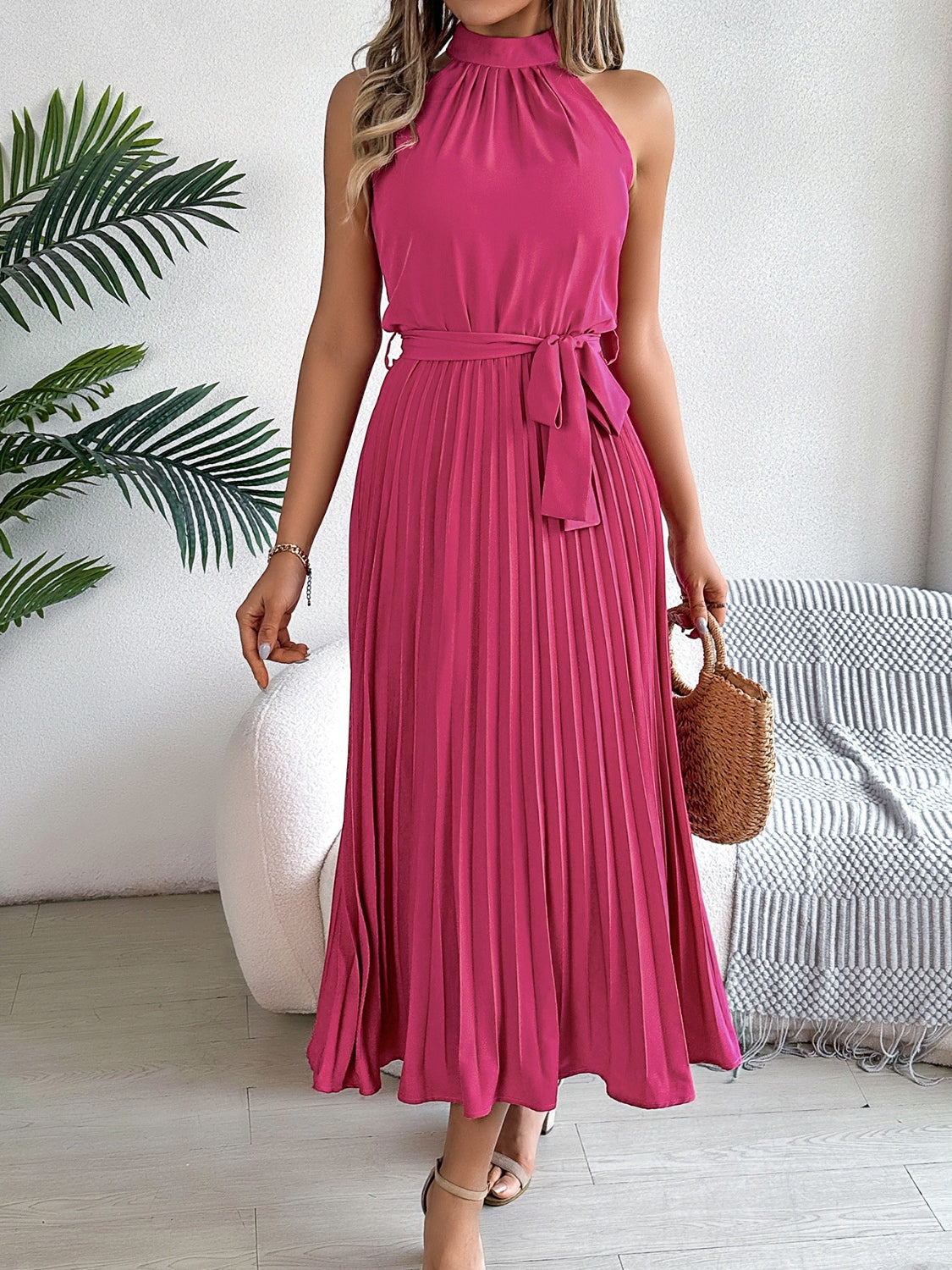 Zephariel Pleated Tie Waist Sleeveless Midi Dress