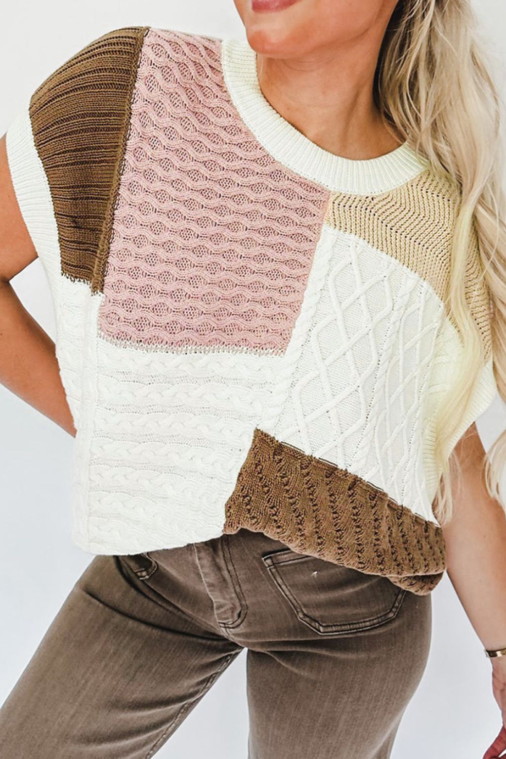 Zephariel Cable-Knit Color Block Round Neck Sweater Vest